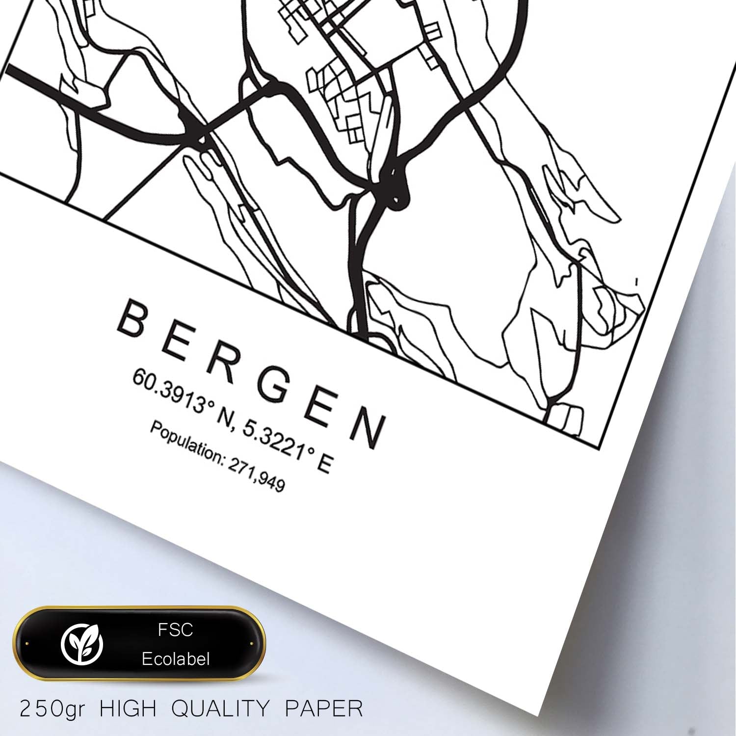 Lámina mapa de la ciudad Bergen estilo nordico en blanco y negro.-Artwork-Nacnic-Nacnic Estudio SL