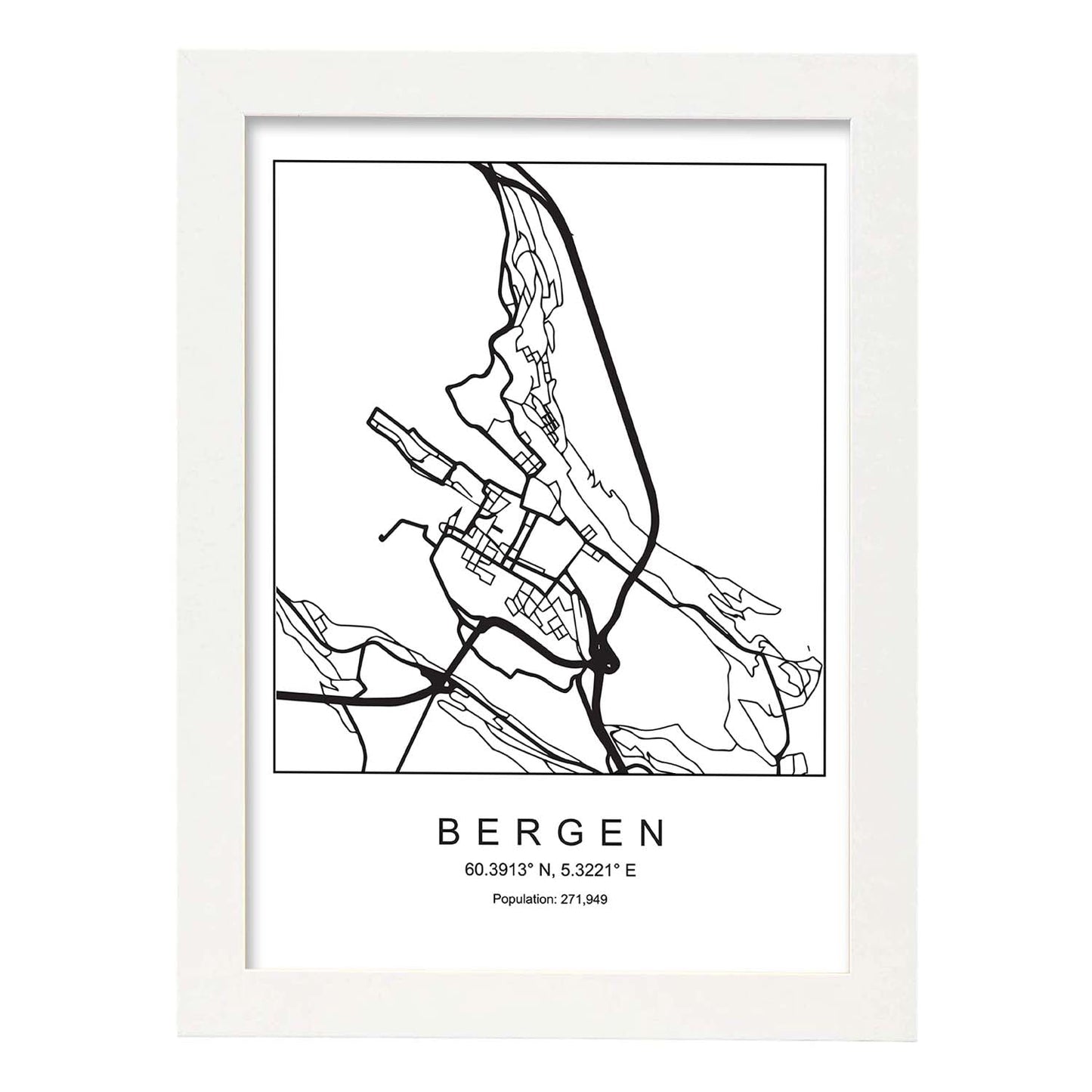 Lámina mapa de la ciudad Bergen estilo nordico en blanco y negro.-Artwork-Nacnic-A3-Marco Blanco-Nacnic Estudio SL