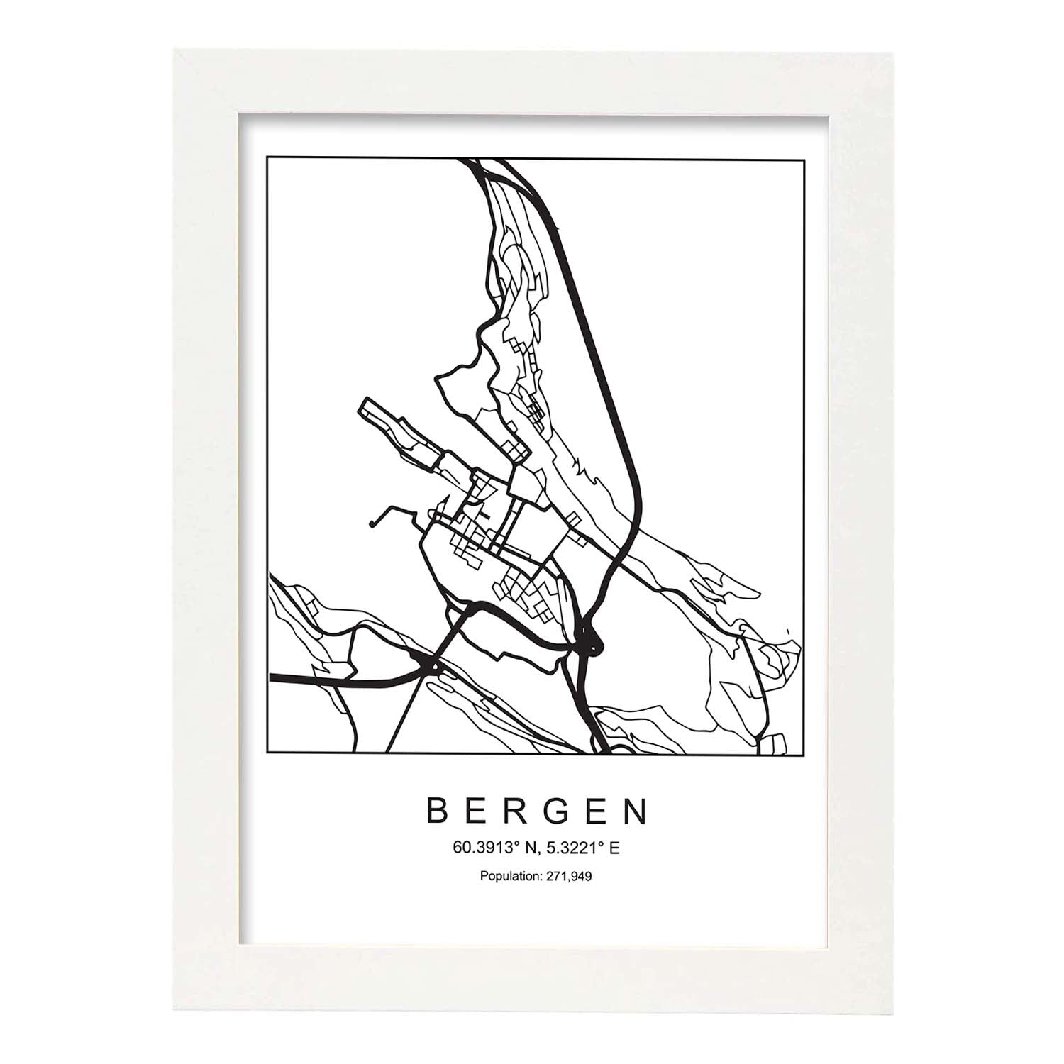 Lámina mapa de la ciudad Bergen estilo nordico en blanco y negro.-Artwork-Nacnic-A3-Marco Blanco-Nacnic Estudio SL