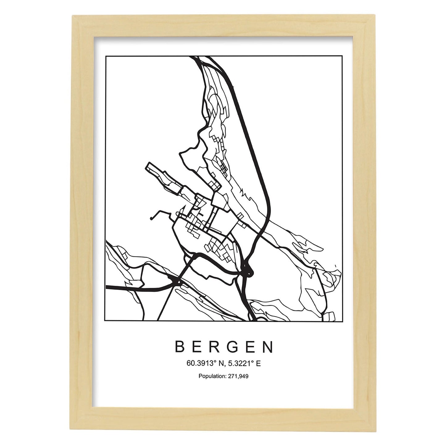 Lámina mapa de la ciudad Bergen estilo nordico en blanco y negro.-Artwork-Nacnic-A3-Marco Madera clara-Nacnic Estudio SL