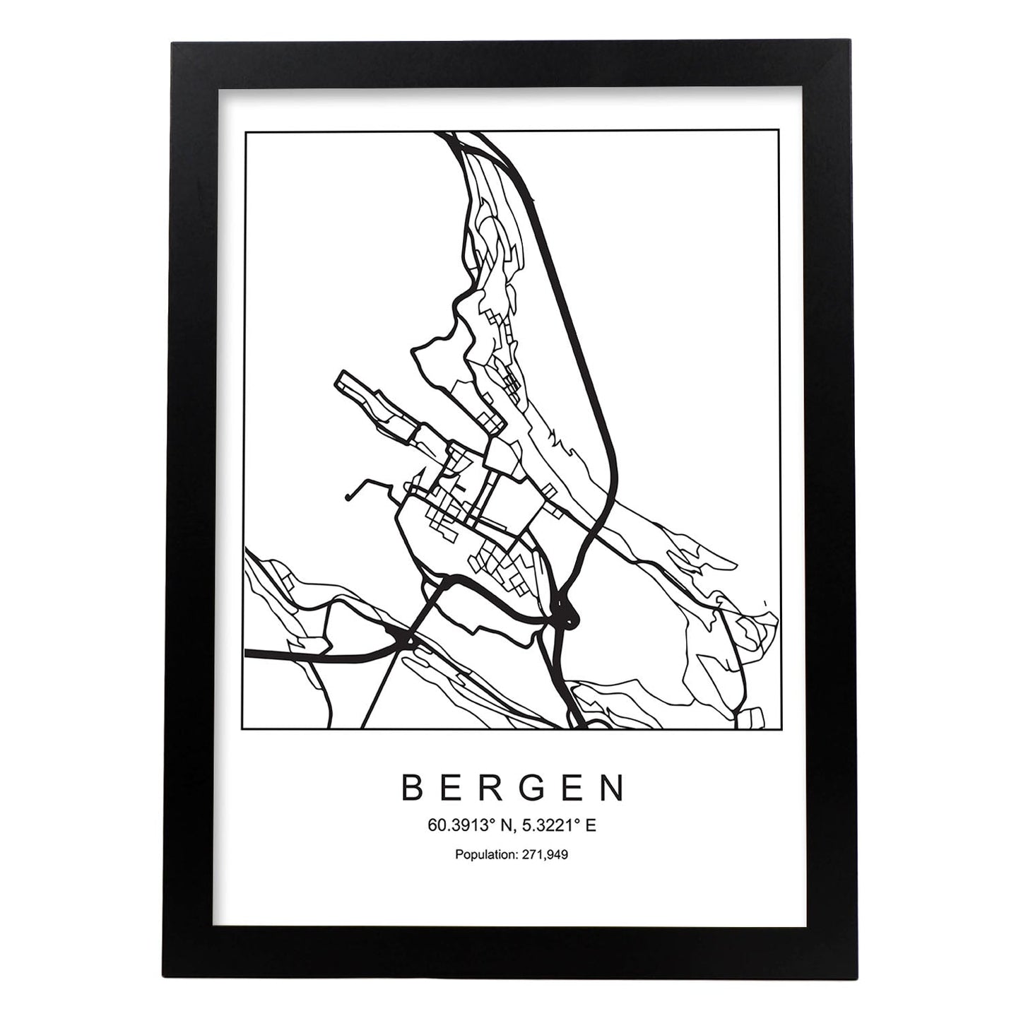 Lámina mapa de la ciudad Bergen estilo nordico en blanco y negro.-Artwork-Nacnic-A3-Marco Negro-Nacnic Estudio SL