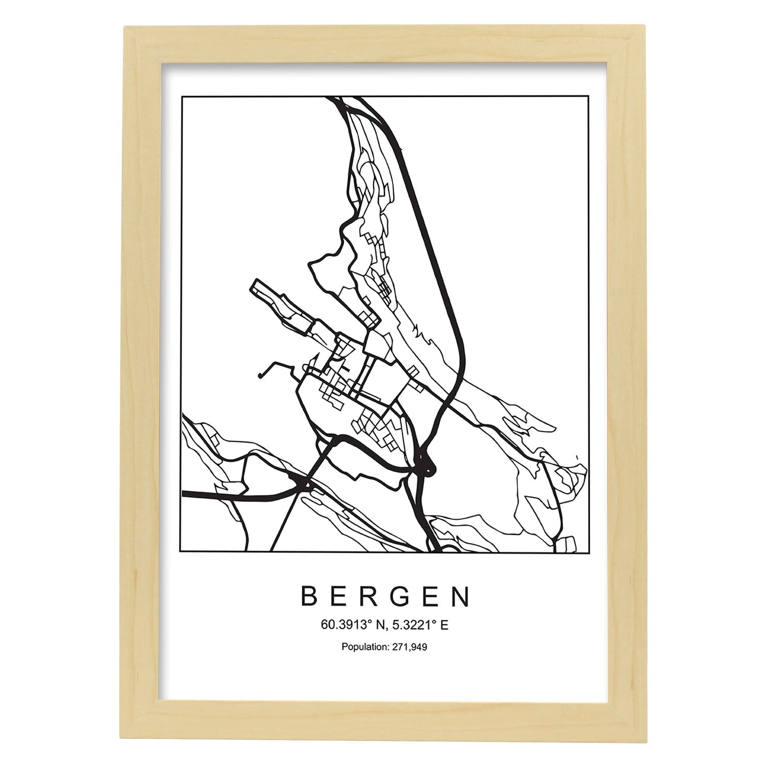 Lámina mapa de la ciudad Bergen estilo nordico en blanco y negro.-Artwork-Nacnic-A4-Marco Madera clara-Nacnic Estudio SL