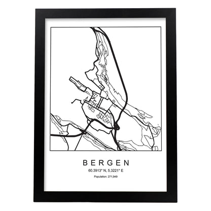 Lámina mapa de la ciudad Bergen estilo nordico en blanco y negro.-Artwork-Nacnic-A4-Marco Negro-Nacnic Estudio SL