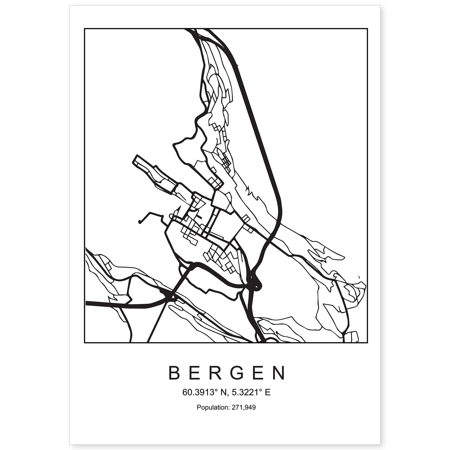 Lámina mapa de la ciudad Bergen estilo nordico en blanco y negro.-Artwork-Nacnic-A4-Sin marco-Nacnic Estudio SL