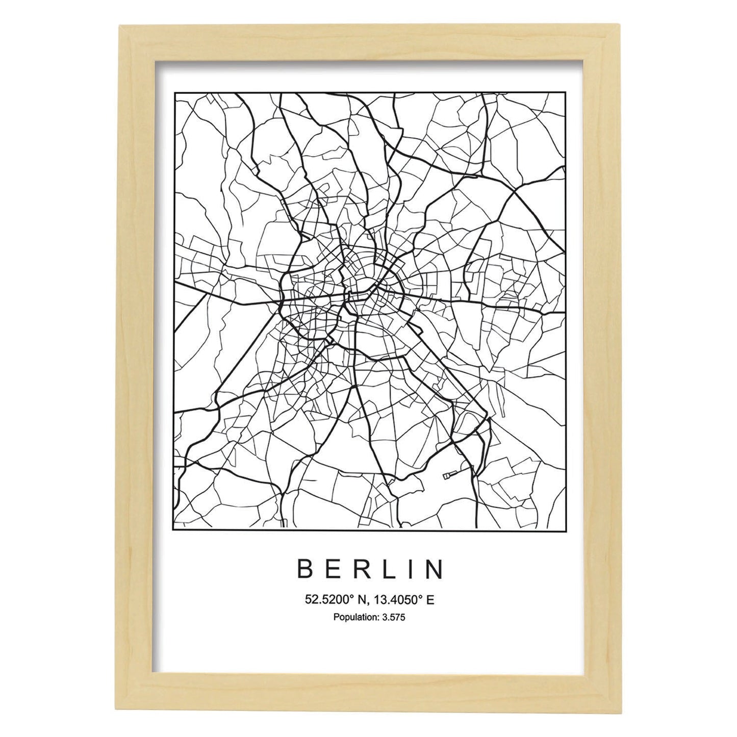 Lámina mapa de la ciudad Berlin estilo nordico en blanco y negro.-Artwork-Nacnic-A3-Marco Madera clara-Nacnic Estudio SL