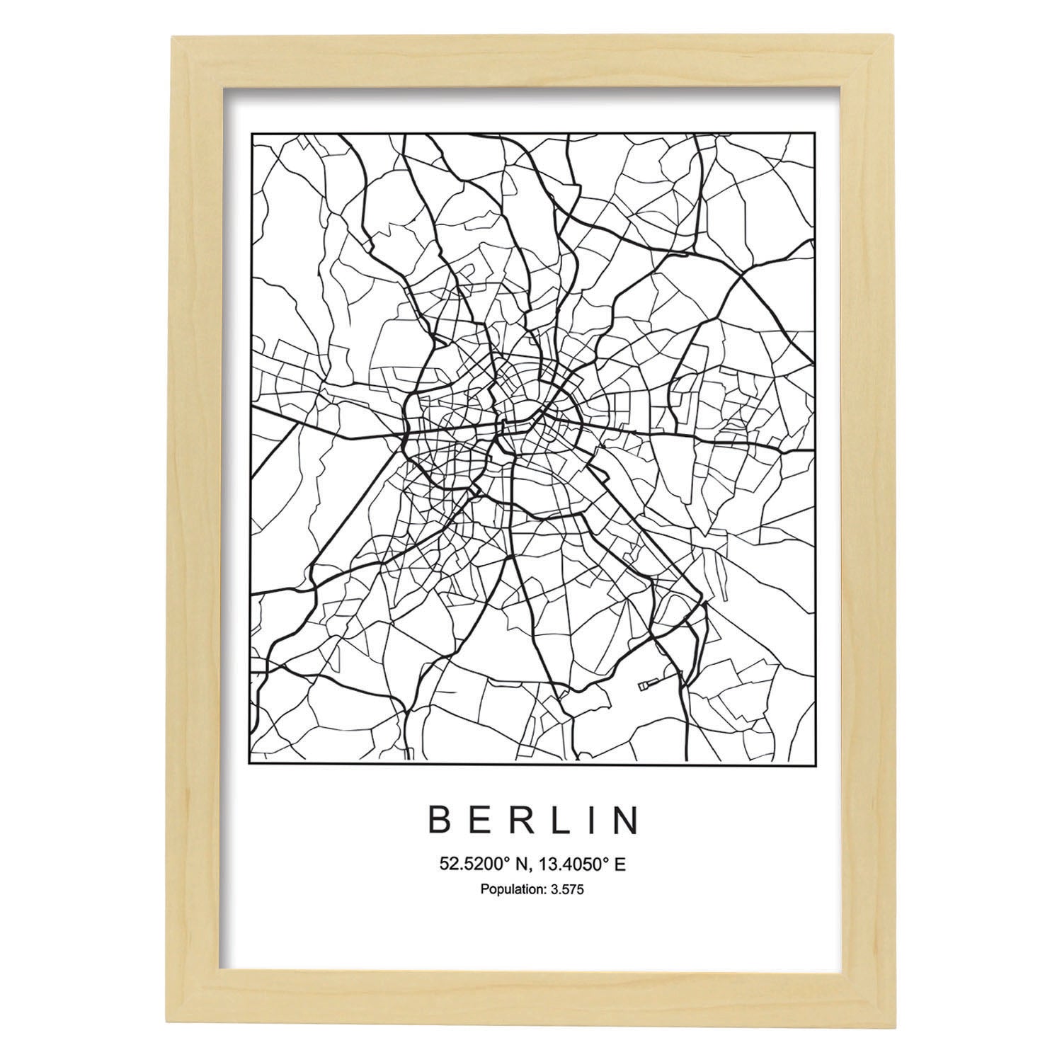 Lámina mapa de la ciudad Berlin estilo nordico en blanco y negro.-Artwork-Nacnic-A3-Marco Madera clara-Nacnic Estudio SL