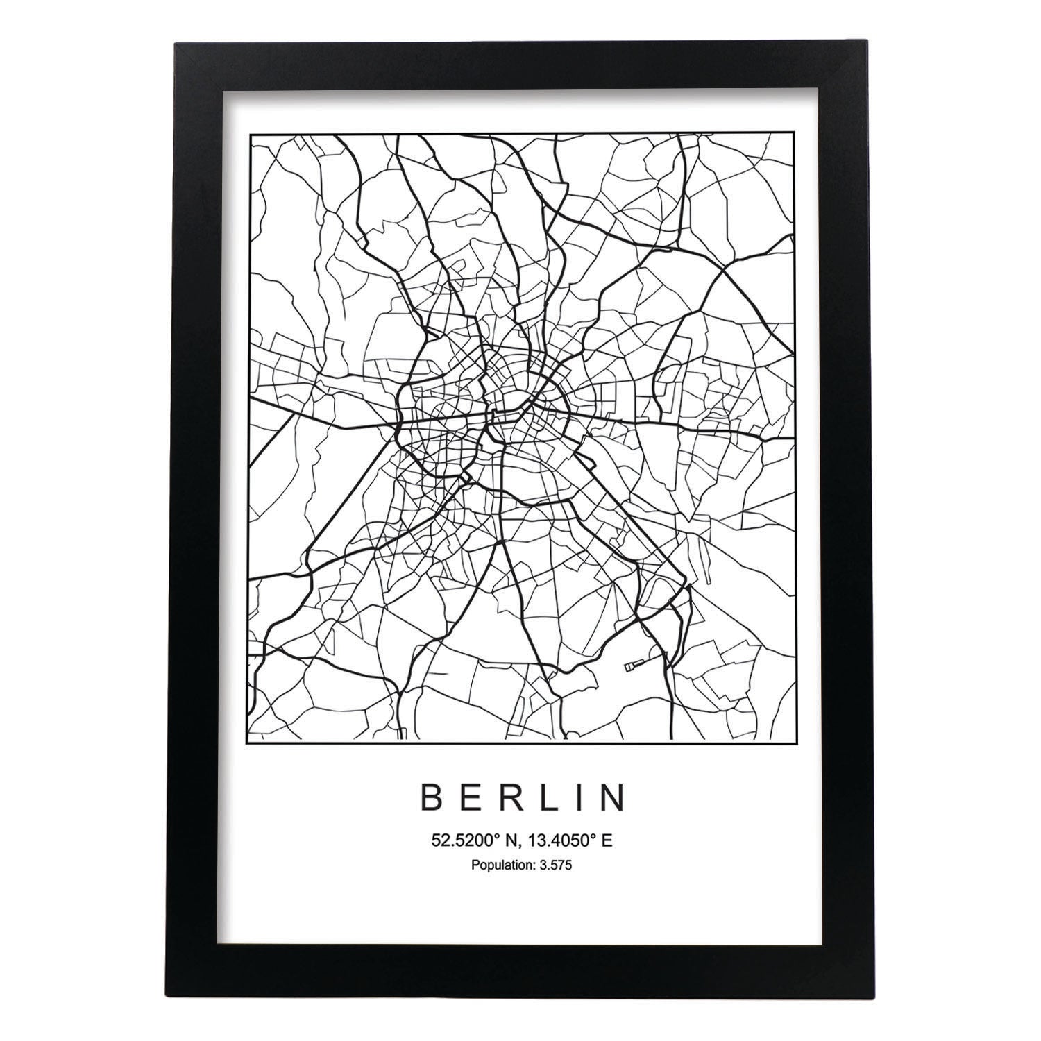 Lámina mapa de la ciudad Berlin estilo nordico en blanco y negro.-Artwork-Nacnic-A3-Marco Negro-Nacnic Estudio SL