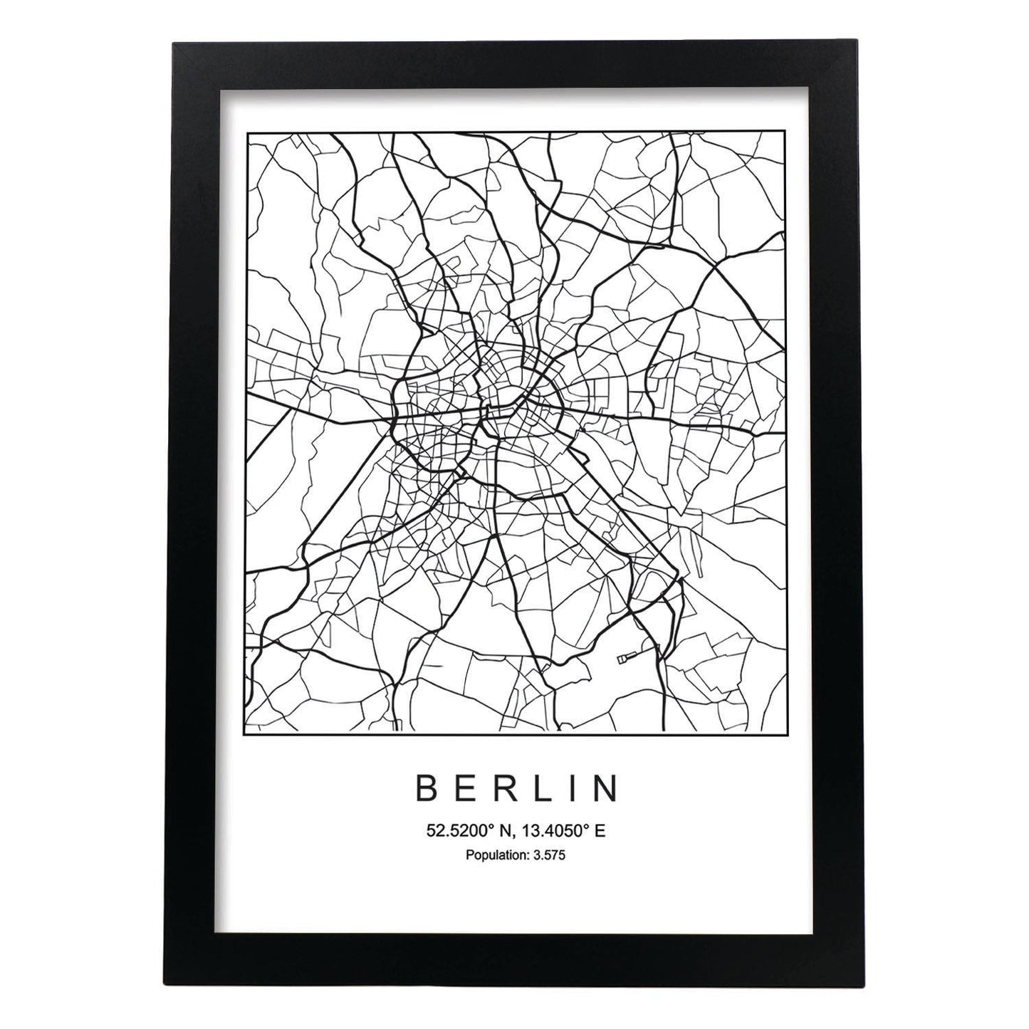 Lámina mapa de la ciudad Berlin estilo nordico en blanco y negro.-Artwork-Nacnic-A4-Marco Negro-Nacnic Estudio SL