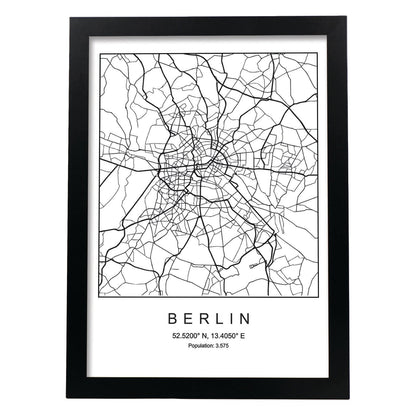 Lámina mapa de la ciudad Berlin estilo nordico en blanco y negro.-Artwork-Nacnic-A4-Marco Negro-Nacnic Estudio SL