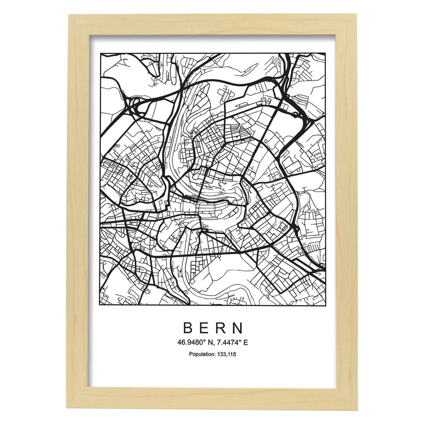 Lámina mapa de la ciudad Bern estilo nordico en blanco y negro.-Artwork-Nacnic-A3-Marco Madera clara-Nacnic Estudio SL