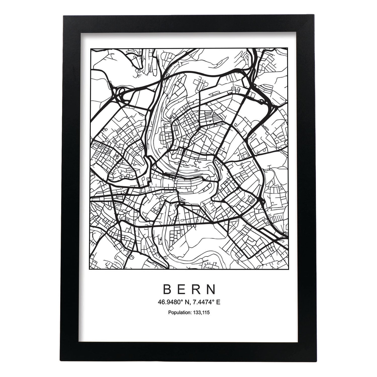 Lámina mapa de la ciudad Bern estilo nordico en blanco y negro.-Artwork-Nacnic-A3-Marco Negro-Nacnic Estudio SL