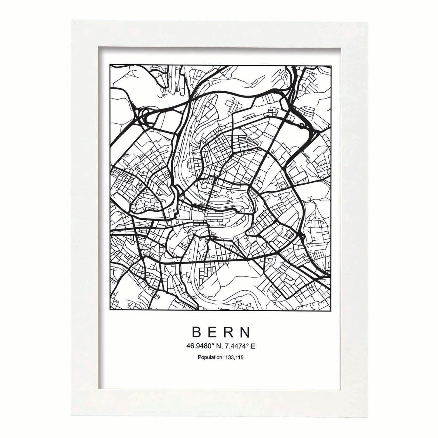 Lámina mapa de la ciudad Bern estilo nordico en blanco y negro.-Artwork-Nacnic-A4-Marco Blanco-Nacnic Estudio SL