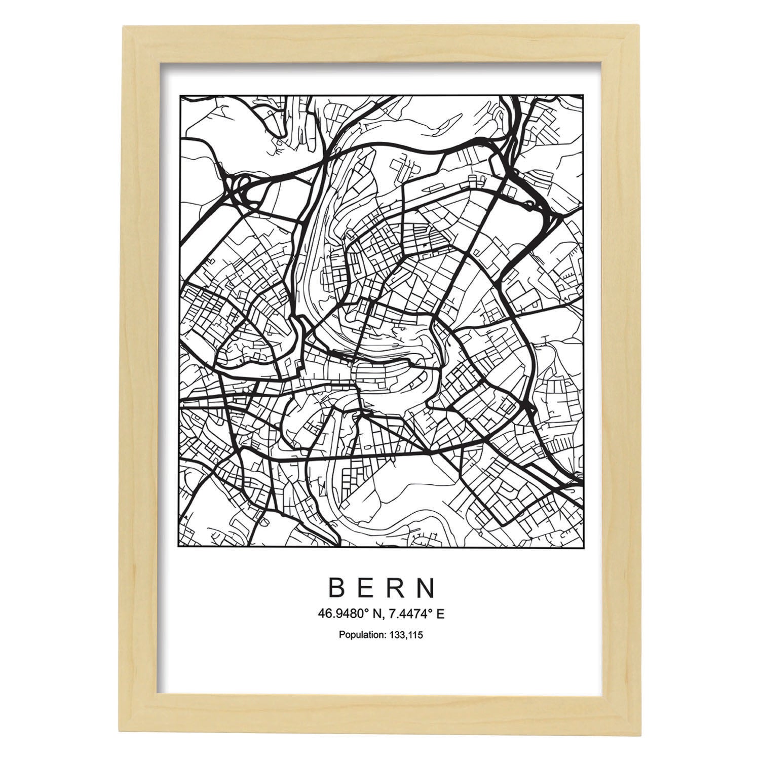Lámina mapa de la ciudad Bern estilo nordico en blanco y negro.-Artwork-Nacnic-A4-Marco Madera clara-Nacnic Estudio SL