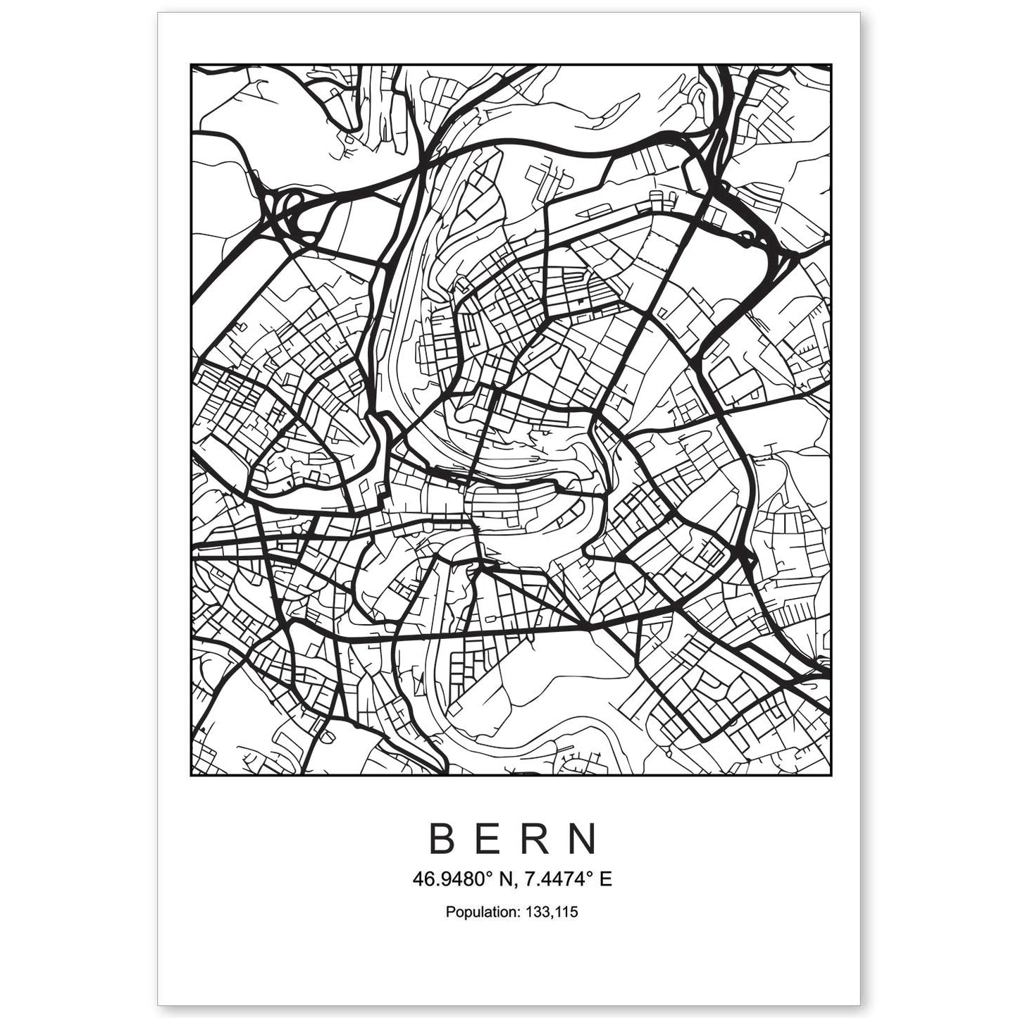 Lámina mapa de la ciudad Bern estilo nordico en blanco y negro.-Artwork-Nacnic-A4-Sin marco-Nacnic Estudio SL