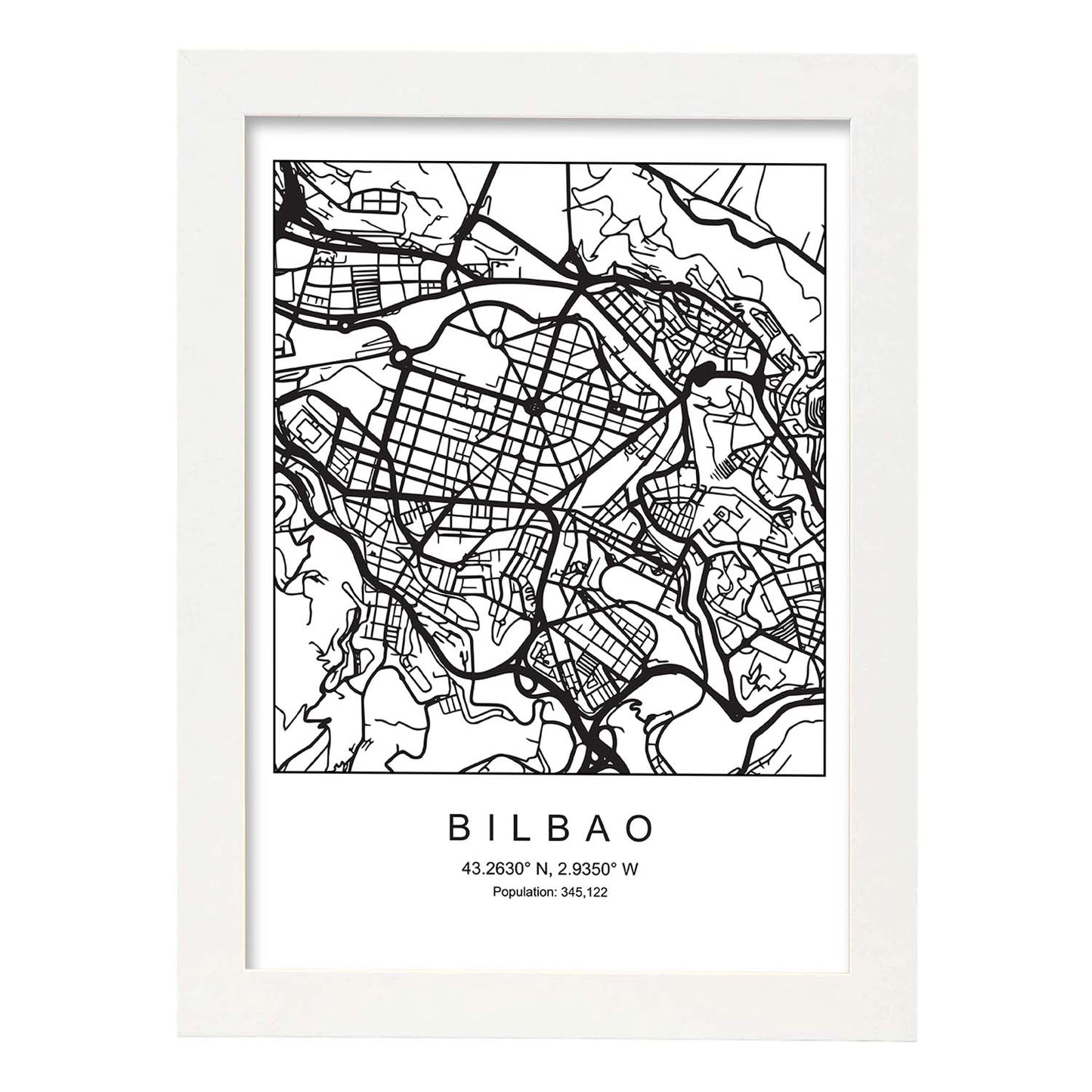 Lámina mapa de la ciudad Bilbao estilo nordico en blanco y negro.-Artwork-Nacnic-A3-Marco Blanco-Nacnic Estudio SL