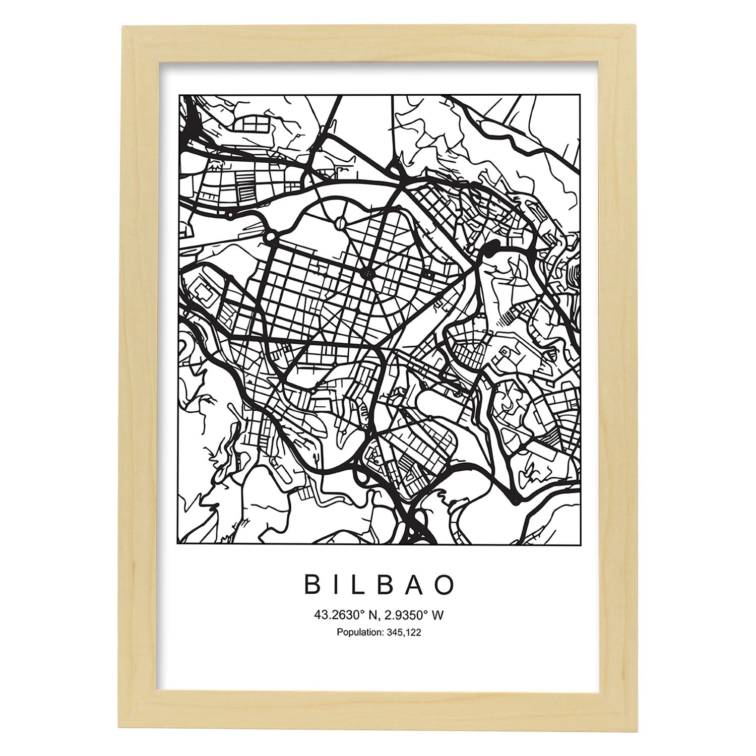 Lámina mapa de la ciudad Bilbao estilo nordico en blanco y negro.-Artwork-Nacnic-A3-Marco Madera clara-Nacnic Estudio SL
