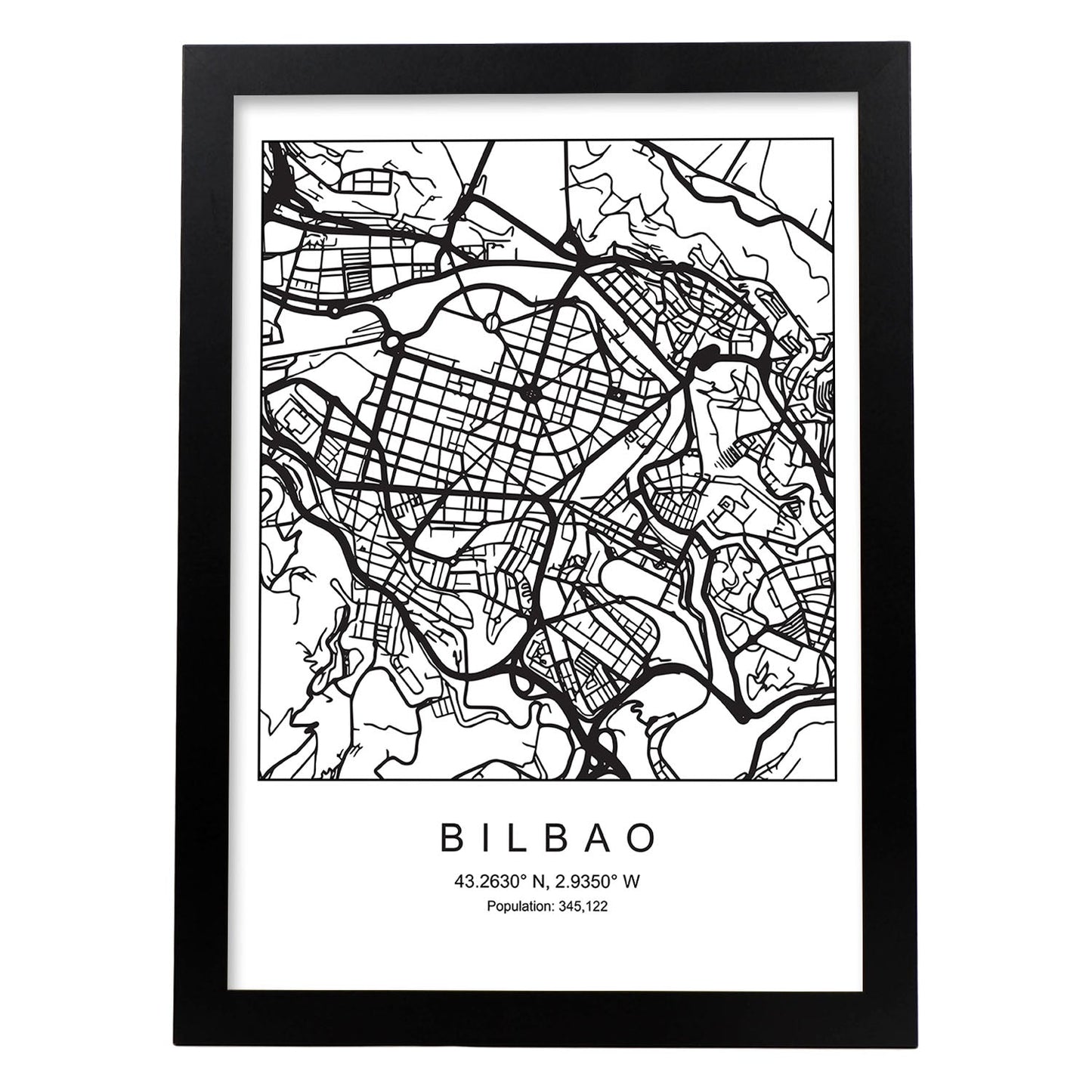 Lámina mapa de la ciudad Bilbao estilo nordico en blanco y negro.-Artwork-Nacnic-A3-Marco Negro-Nacnic Estudio SL