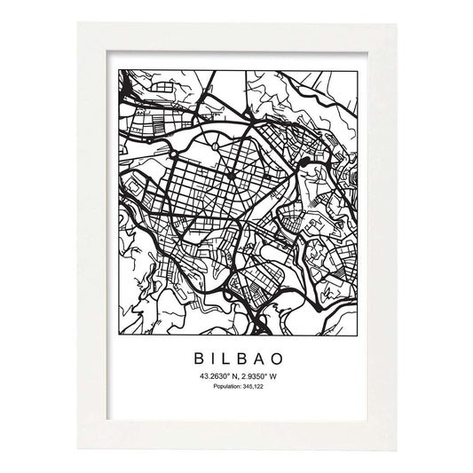 Lámina mapa de la ciudad Bilbao estilo nordico en blanco y negro.-Artwork-Nacnic-A4-Marco Blanco-Nacnic Estudio SL