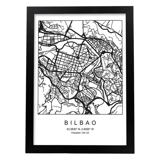 Lámina mapa de la ciudad Bilbao estilo nordico en blanco y negro.-Artwork-Nacnic-A4-Marco Negro-Nacnic Estudio SL