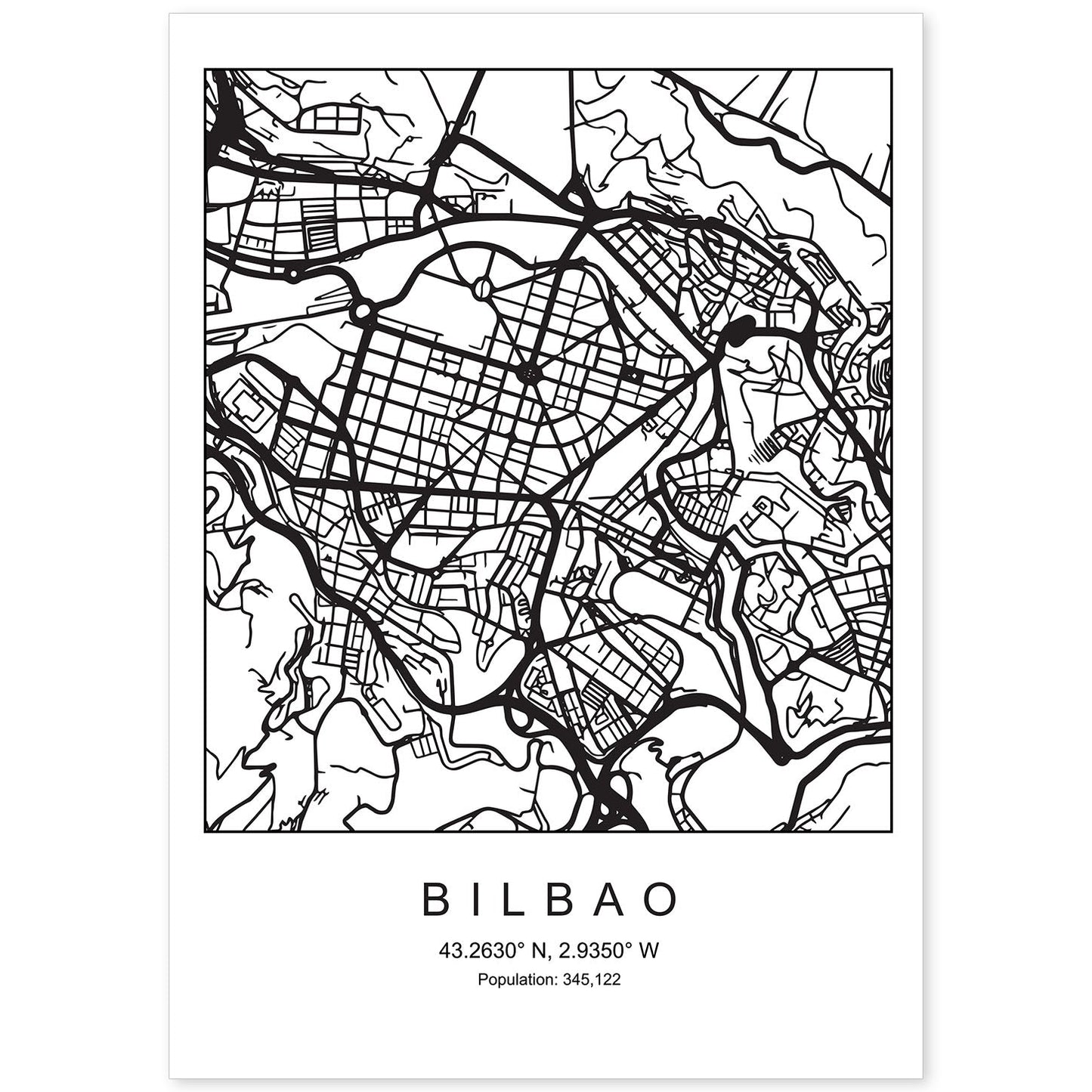 Lámina mapa de la ciudad Bilbao estilo nordico en blanco y negro.-Artwork-Nacnic-A4-Sin marco-Nacnic Estudio SL