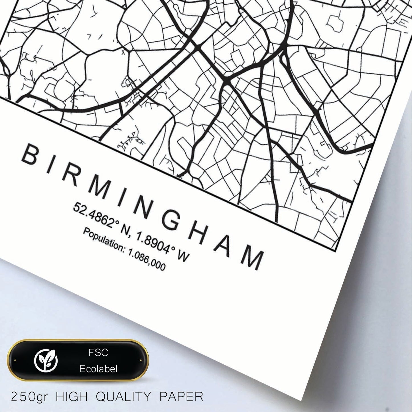 Lámina mapa de la ciudad Birmingham estilo nordico en blanco y negro.-Artwork-Nacnic-Nacnic Estudio SL