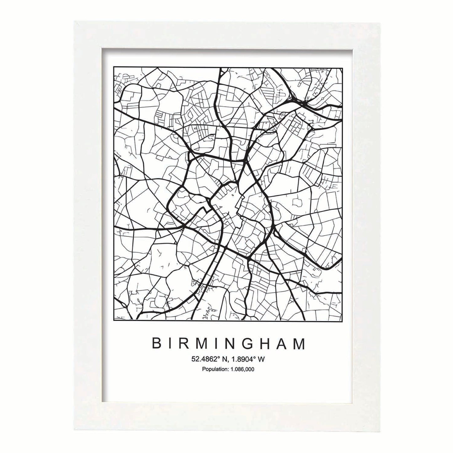 Lámina mapa de la ciudad Birmingham estilo nordico en blanco y negro.-Artwork-Nacnic-A3-Marco Blanco-Nacnic Estudio SL