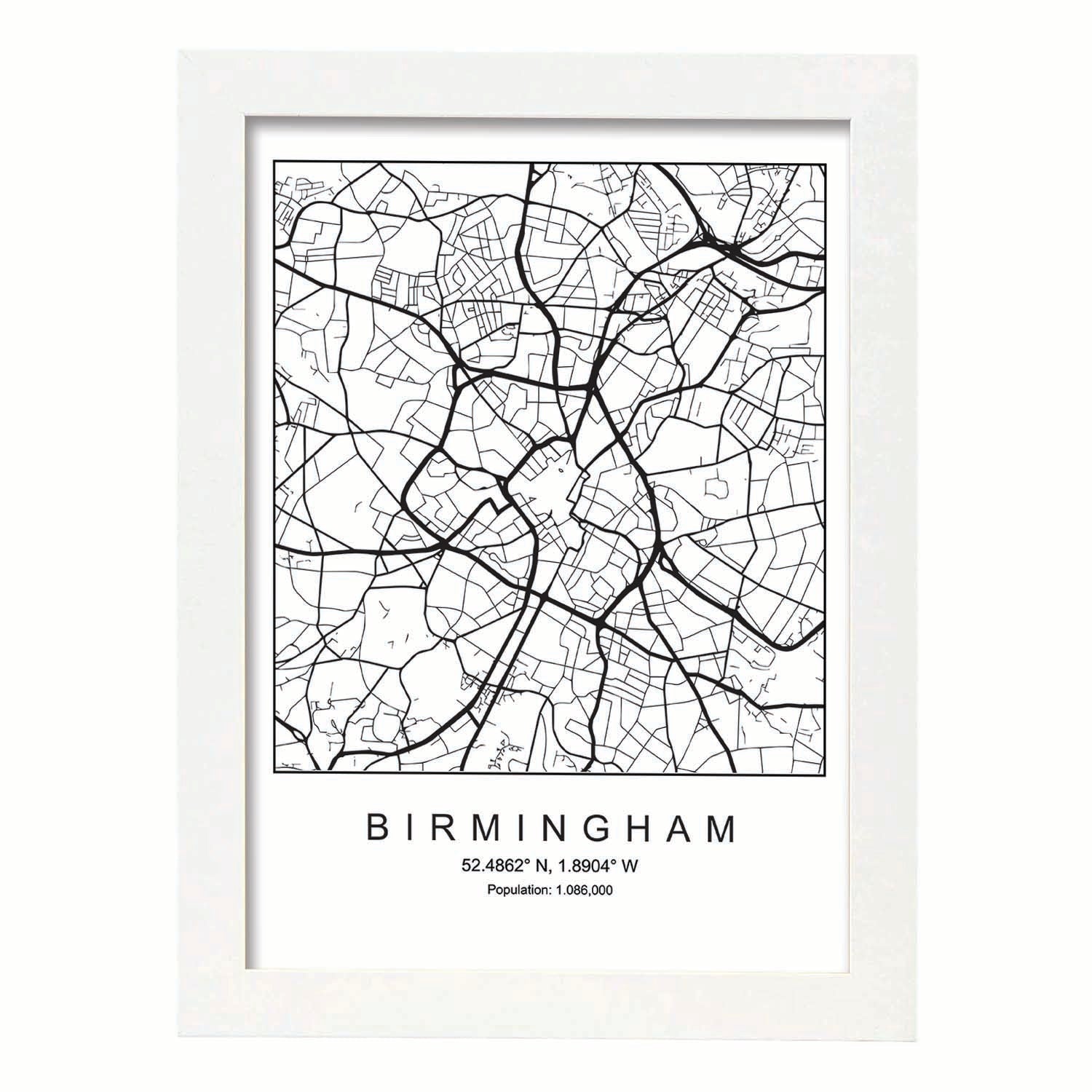 Lámina mapa de la ciudad Birmingham estilo nordico en blanco y negro.-Artwork-Nacnic-A4-Marco Blanco-Nacnic Estudio SL