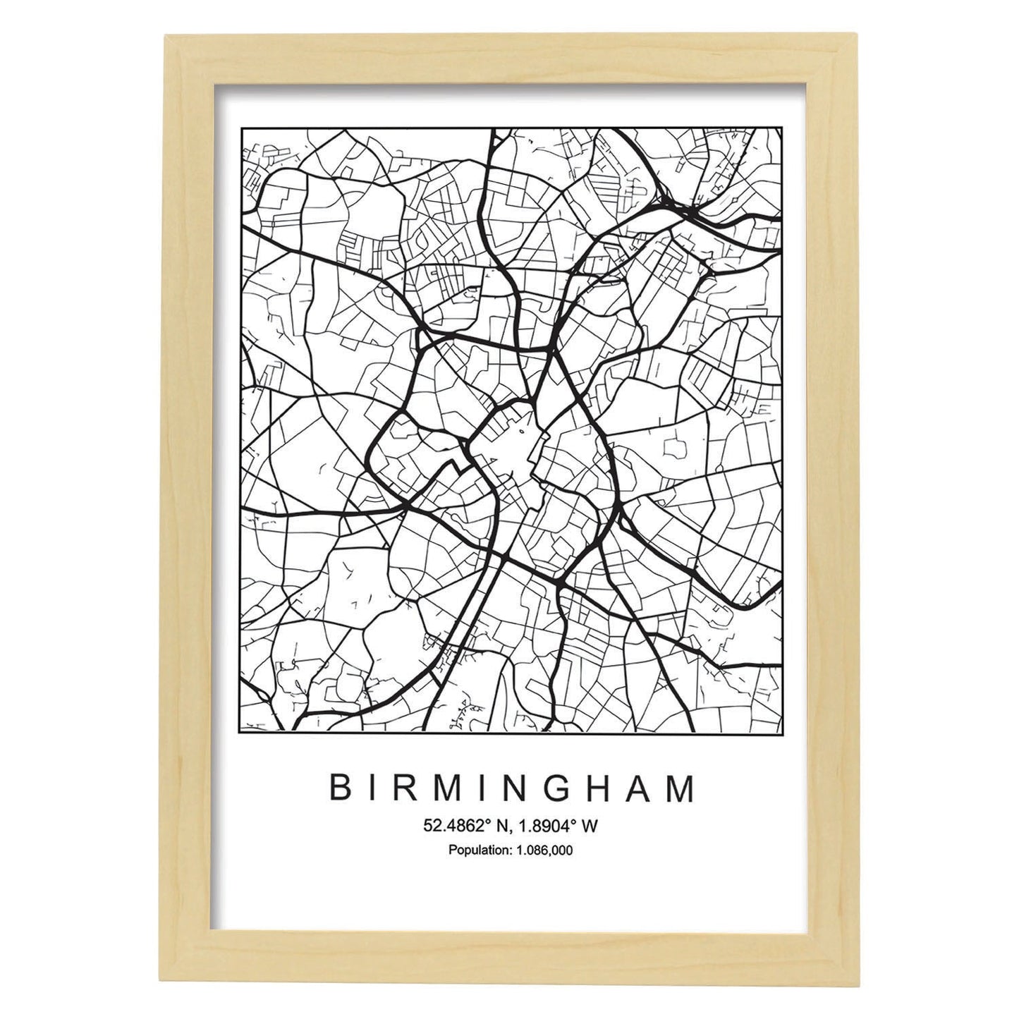 Lámina mapa de la ciudad Birmingham estilo nordico en blanco y negro.-Artwork-Nacnic-A4-Marco Madera clara-Nacnic Estudio SL
