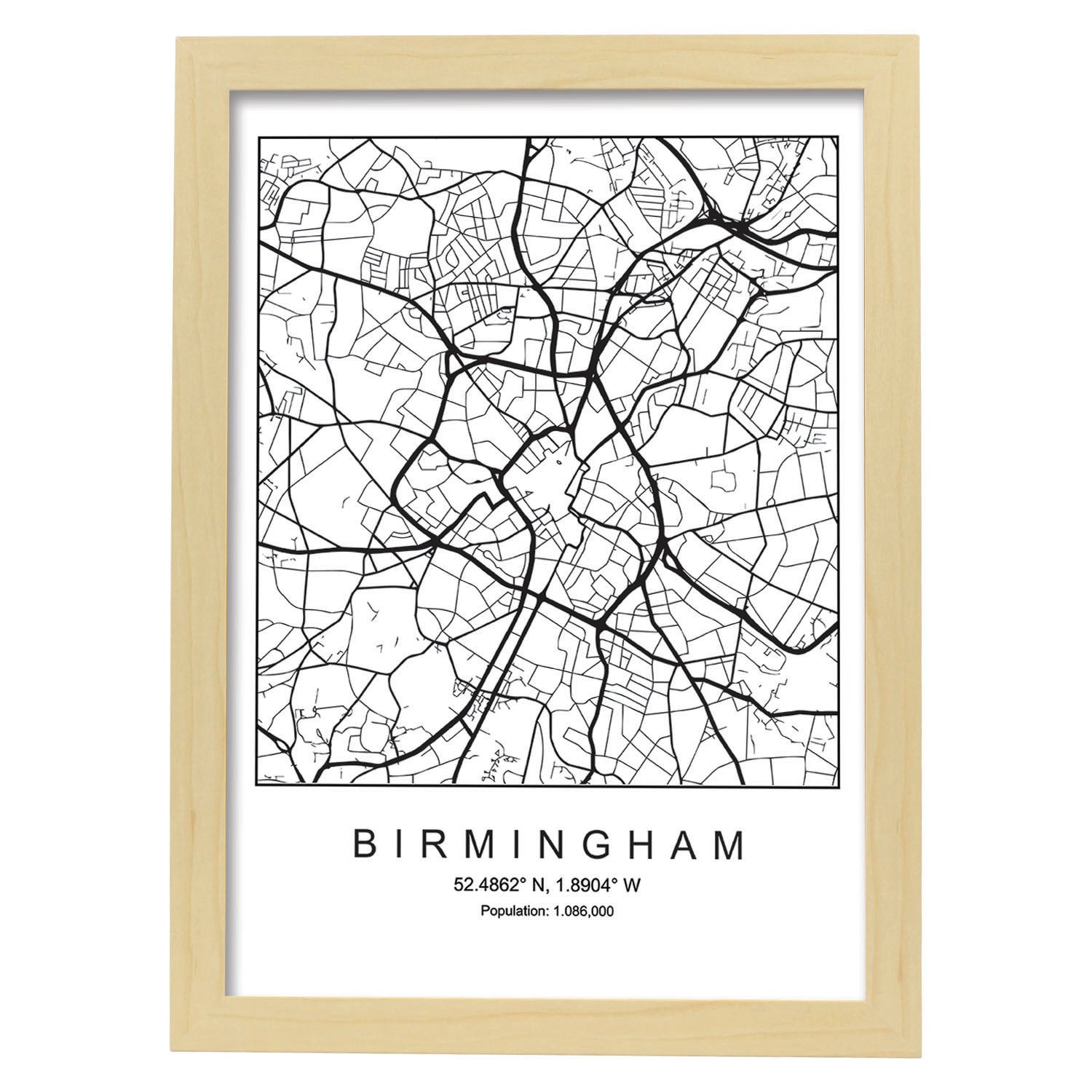 Lámina mapa de la ciudad Birmingham estilo nordico en blanco y negro.-Artwork-Nacnic-A4-Marco Madera clara-Nacnic Estudio SL