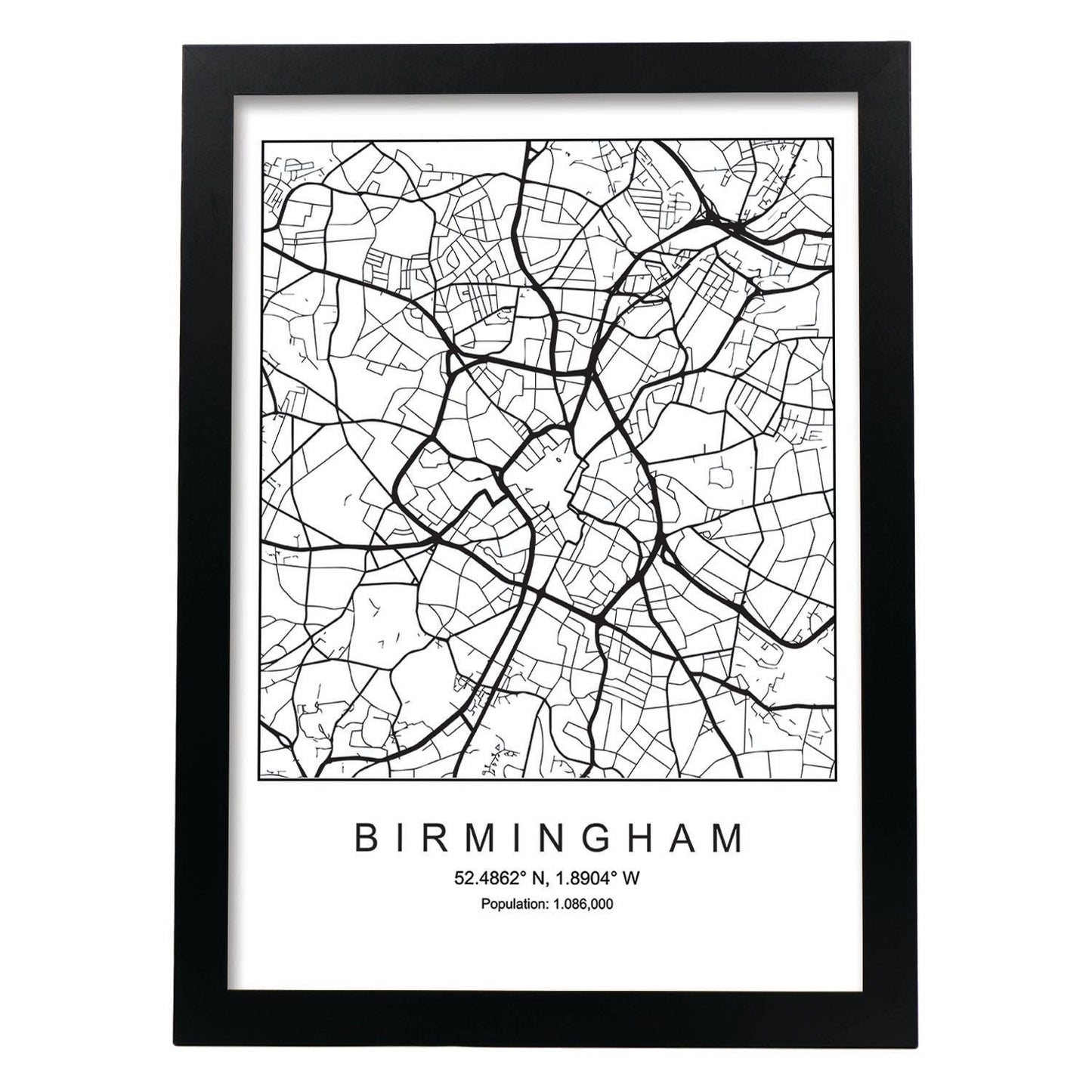 Lámina mapa de la ciudad Birmingham estilo nordico en blanco y negro.-Artwork-Nacnic-A4-Marco Negro-Nacnic Estudio SL
