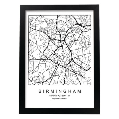Lámina mapa de la ciudad Birmingham estilo nordico en blanco y negro.-Artwork-Nacnic-A4-Marco Negro-Nacnic Estudio SL