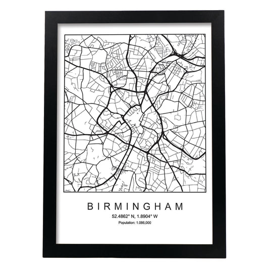 Lámina mapa de la ciudad Birmingham estilo nordico en blanco y negro.-Artwork-Nacnic-A4-Marco Negro-Nacnic Estudio SL