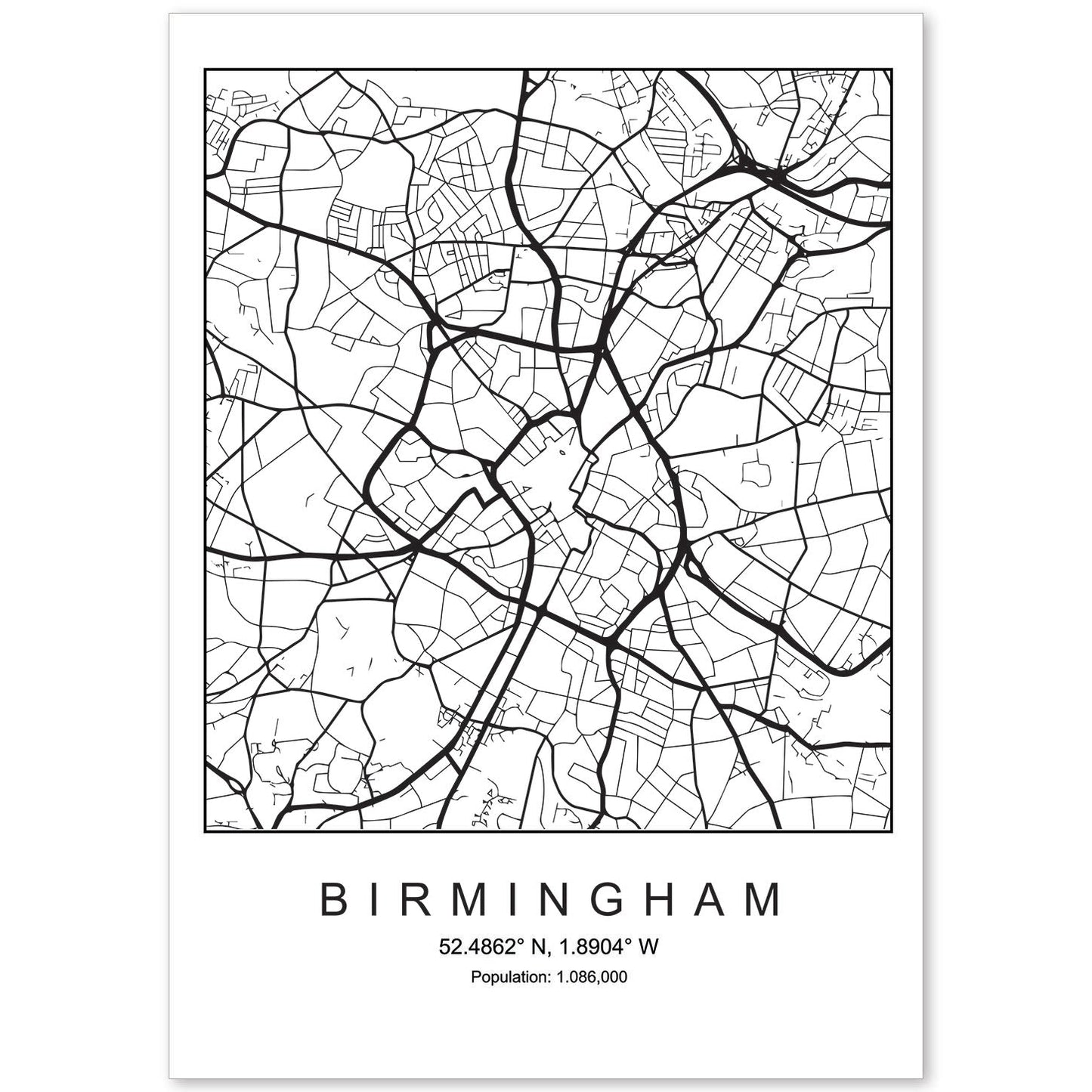 Lámina mapa de la ciudad Birmingham estilo nordico en blanco y negro.-Artwork-Nacnic-A4-Sin marco-Nacnic Estudio SL