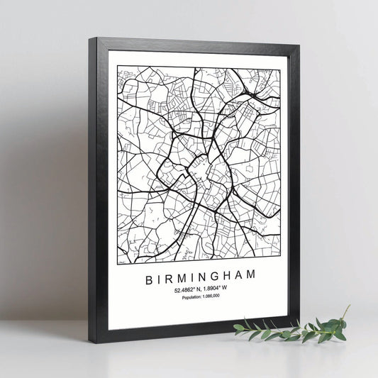 Lámina mapa de la ciudad Birmingham estilo nordico en blanco y negro.-Artwork-Nacnic-Nacnic Estudio SL