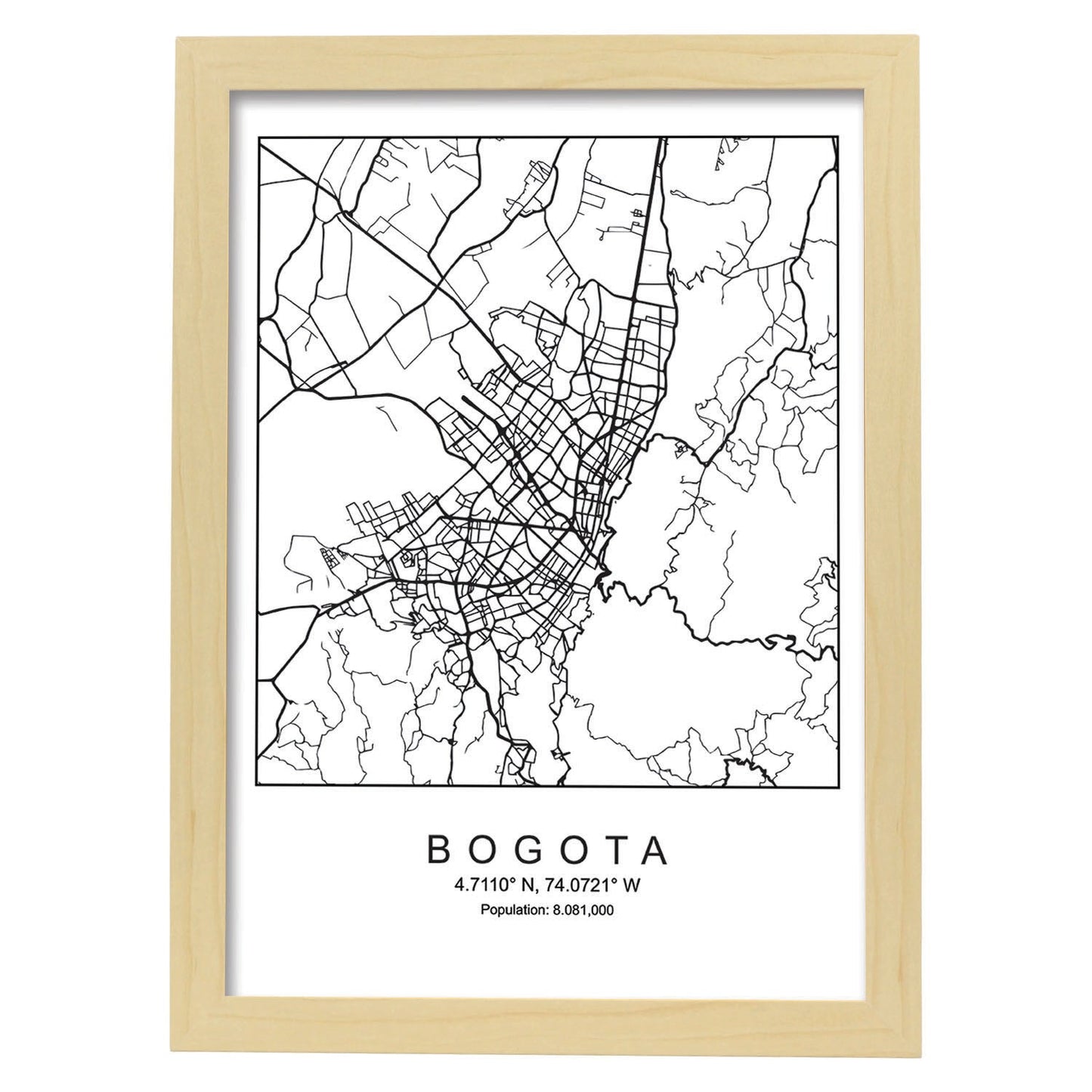 Lámina mapa de la ciudad Bogota estilo nordico en blanco y negro.-Artwork-Nacnic-A3-Marco Madera clara-Nacnic Estudio SL