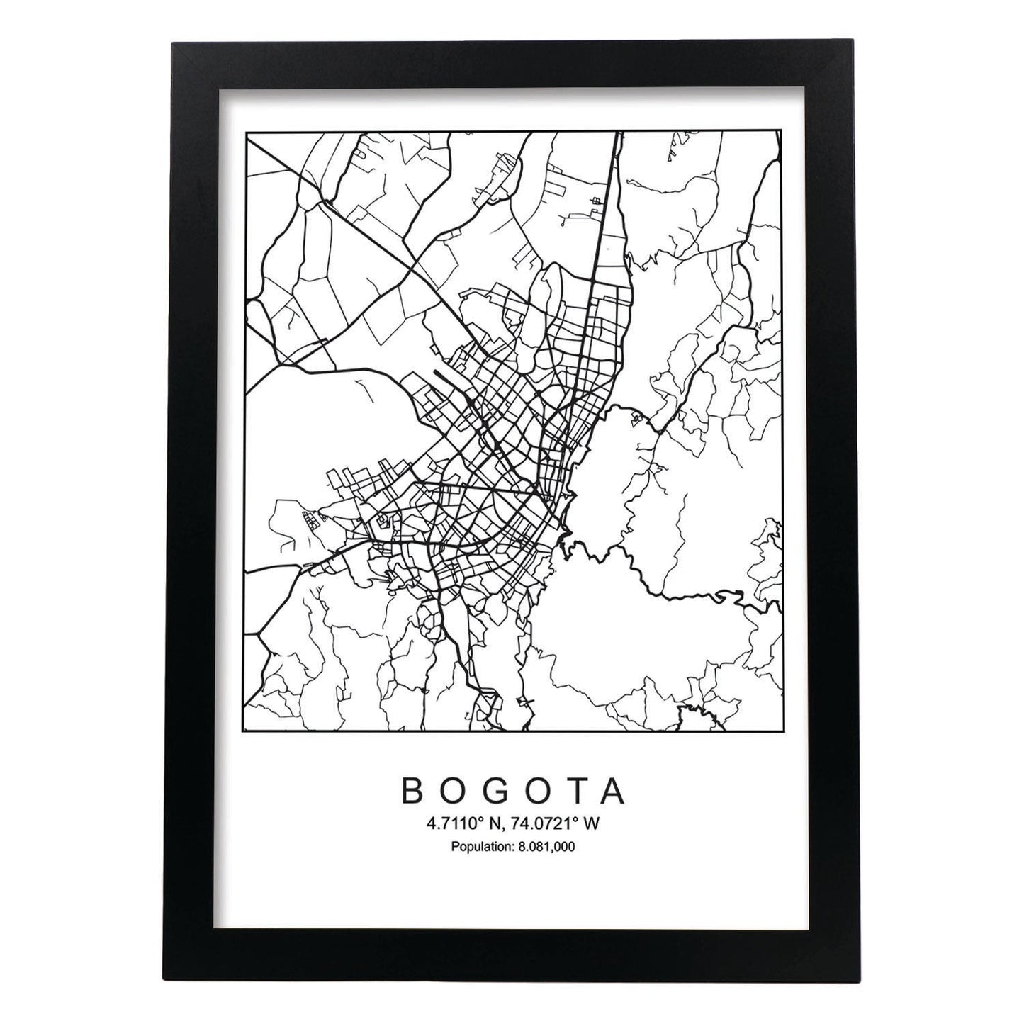 Lámina mapa de la ciudad Bogota estilo nordico en blanco y negro.-Artwork-Nacnic-A3-Marco Negro-Nacnic Estudio SL