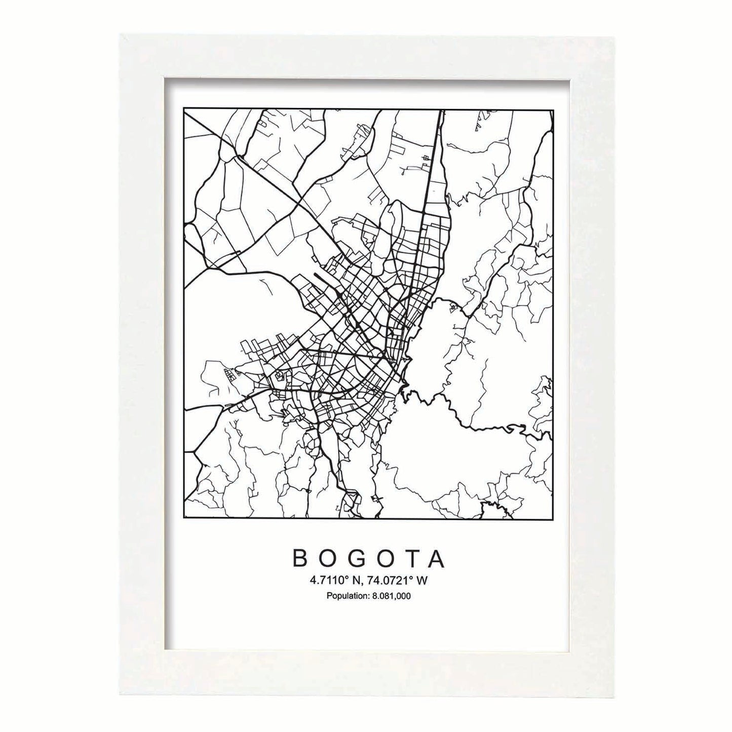 Lámina mapa de la ciudad Bogota estilo nordico en blanco y negro.-Artwork-Nacnic-A4-Marco Blanco-Nacnic Estudio SL