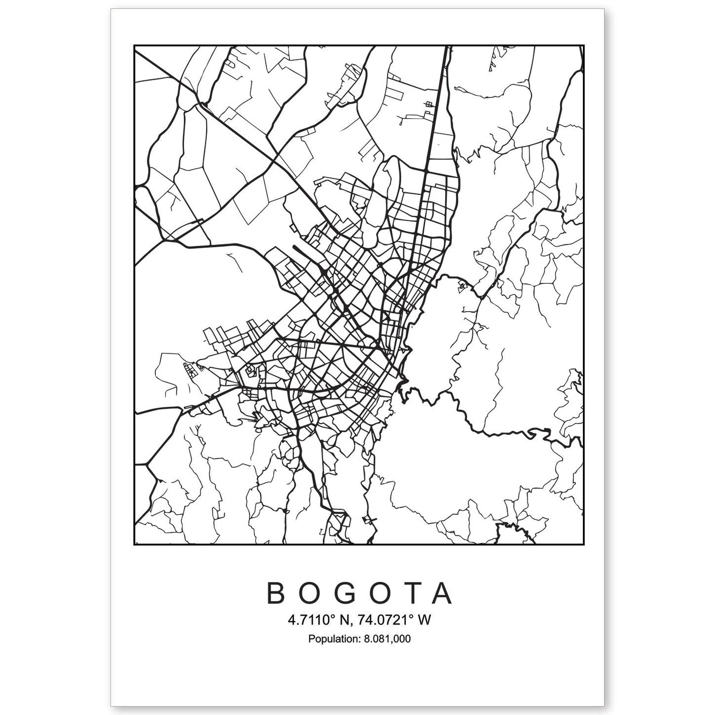 Lámina mapa de la ciudad Bogota estilo nordico en blanco y negro.-Artwork-Nacnic-A4-Sin marco-Nacnic Estudio SL