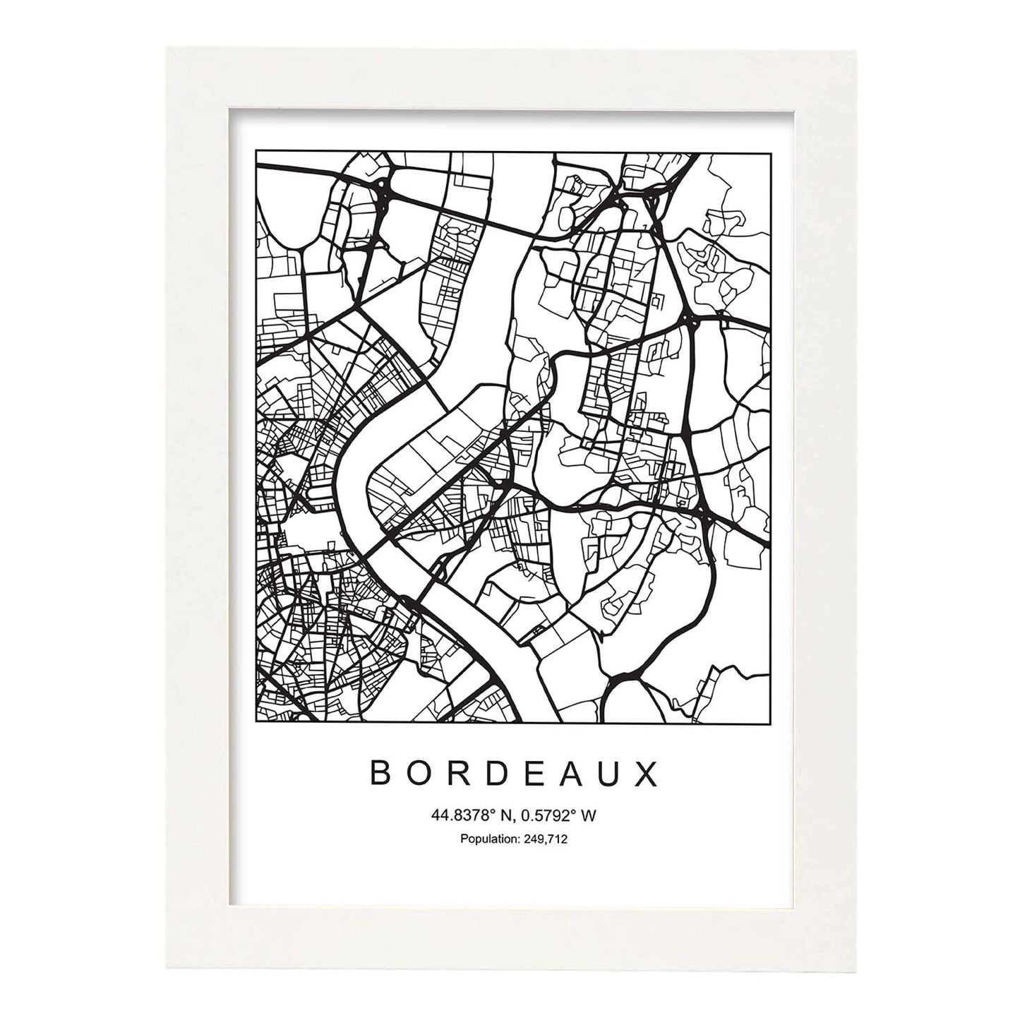 Lámina mapa de la ciudad Bordeaux estilo nordico en blanco y negro.-Artwork-Nacnic-A3-Marco Blanco-Nacnic Estudio SL