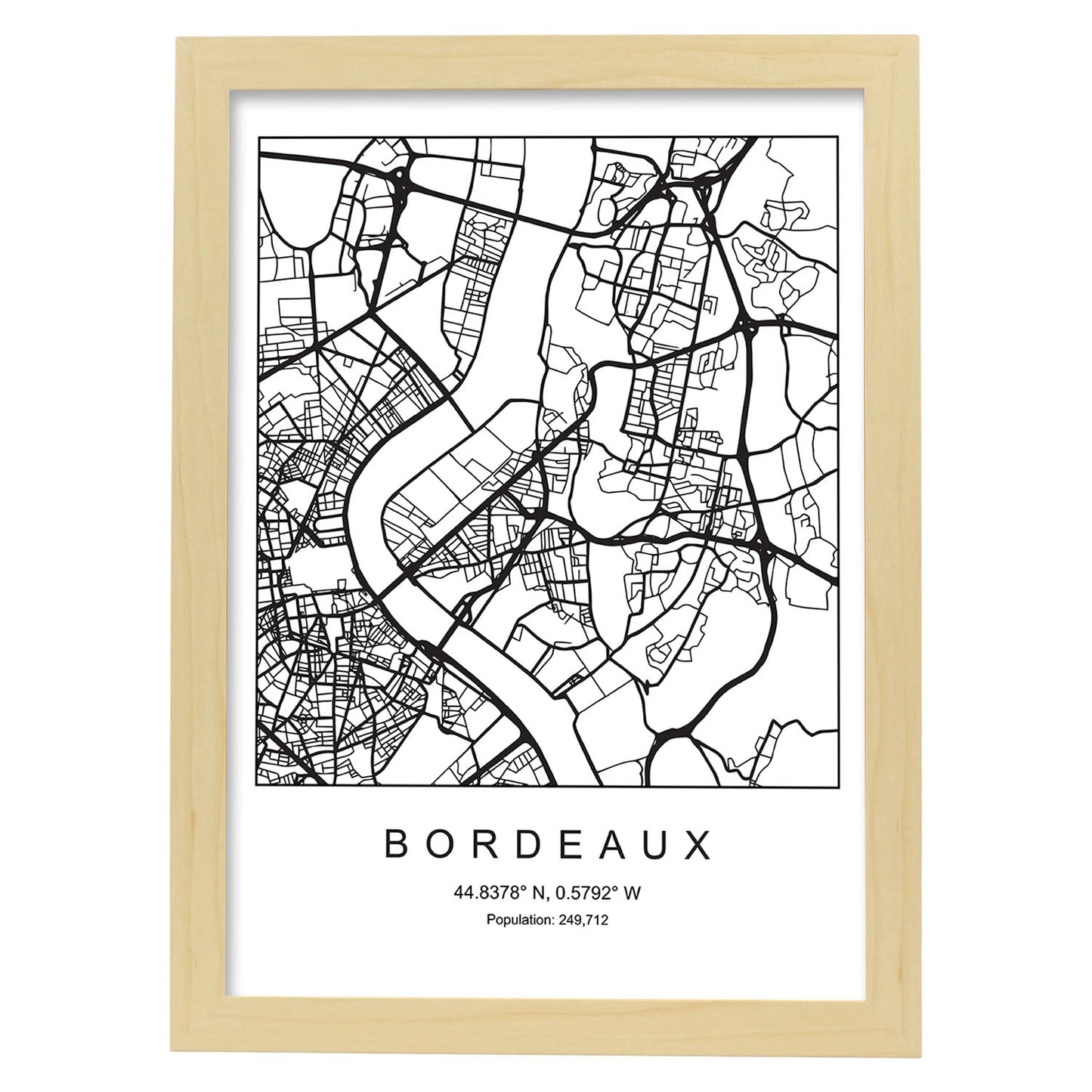 Lámina mapa de la ciudad Bordeaux estilo nordico en blanco y negro.-Artwork-Nacnic-A3-Marco Madera clara-Nacnic Estudio SL