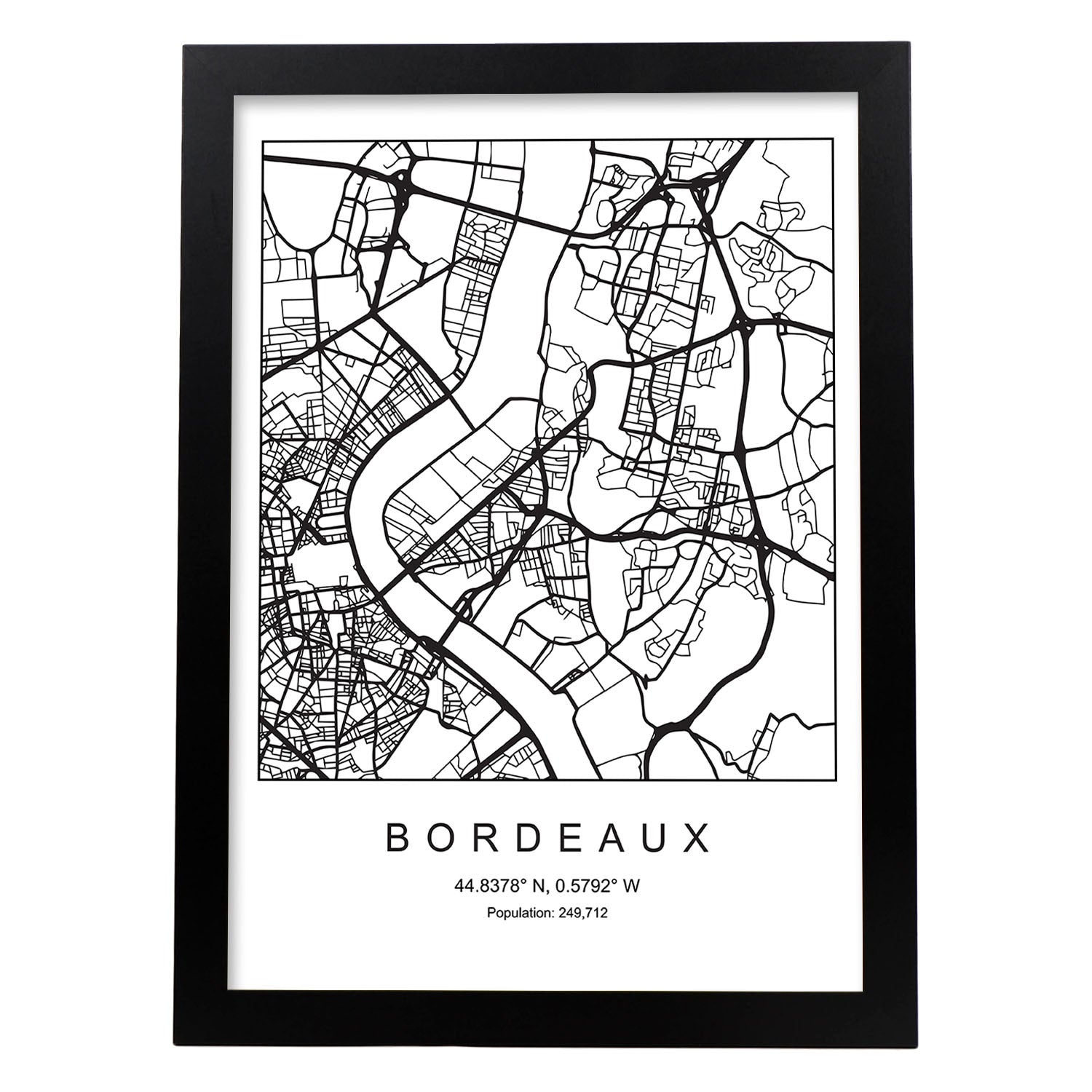 Lámina mapa de la ciudad Bordeaux estilo nordico en blanco y negro.-Artwork-Nacnic-A3-Marco Negro-Nacnic Estudio SL