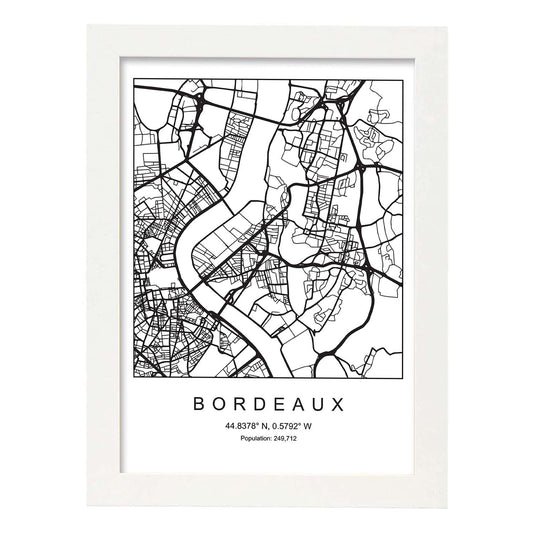 Lámina mapa de la ciudad Bordeaux estilo nordico en blanco y negro.-Artwork-Nacnic-A4-Marco Blanco-Nacnic Estudio SL