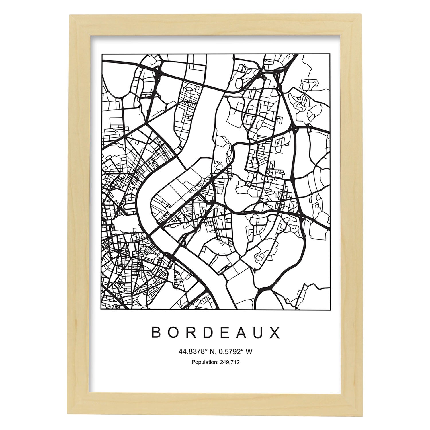 Lámina mapa de la ciudad Bordeaux estilo nordico en blanco y negro.-Artwork-Nacnic-A4-Marco Madera clara-Nacnic Estudio SL