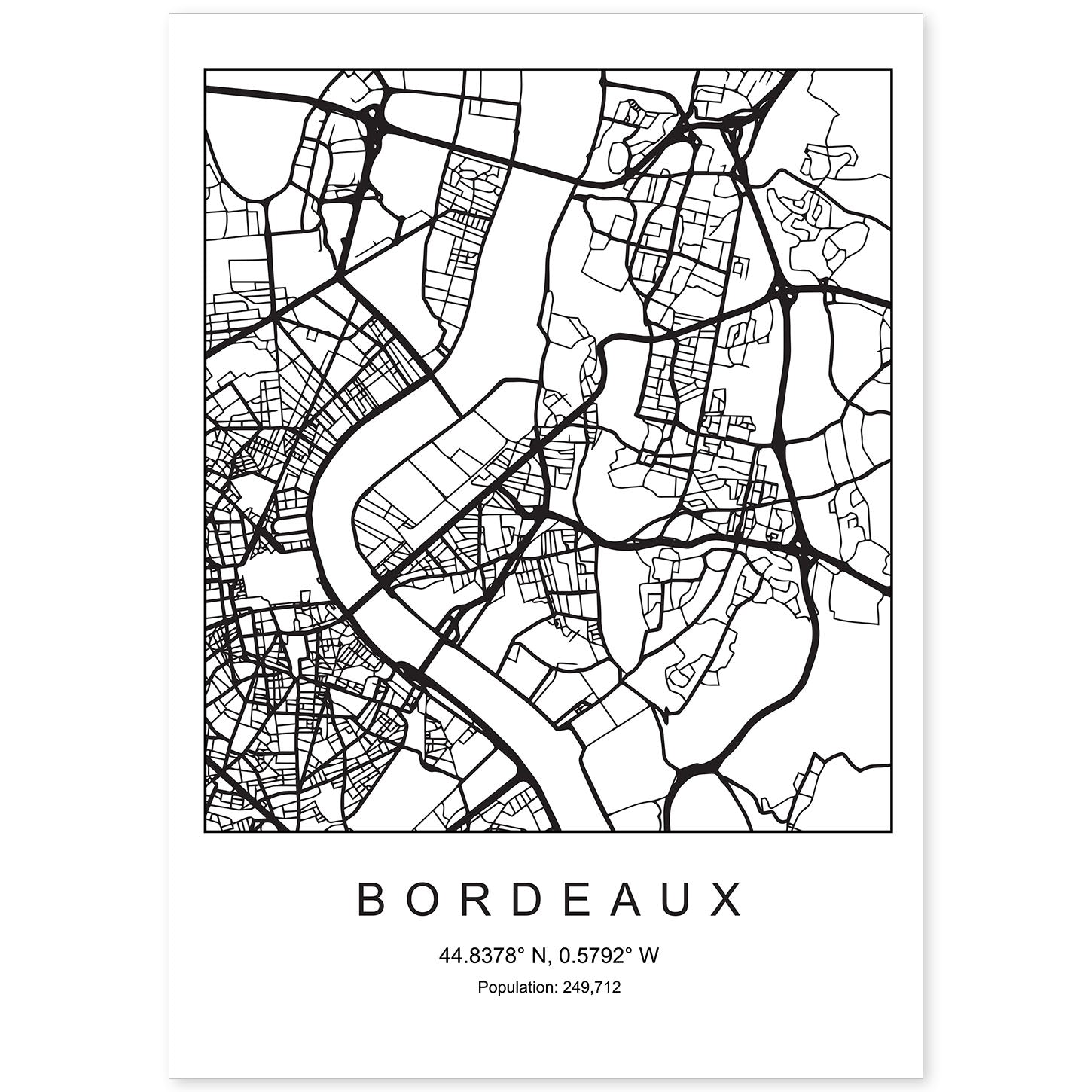 Lámina mapa de la ciudad Bordeaux estilo nordico en blanco y negro.-Artwork-Nacnic-A4-Sin marco-Nacnic Estudio SL