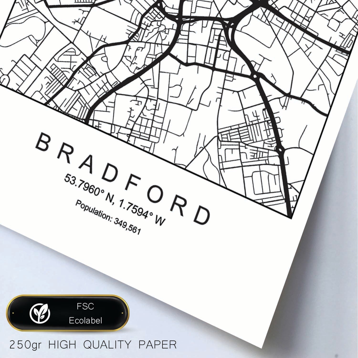 Lámina mapa de la ciudad Bradford estilo nordico en blanco y negro.-Artwork-Nacnic-Nacnic Estudio SL