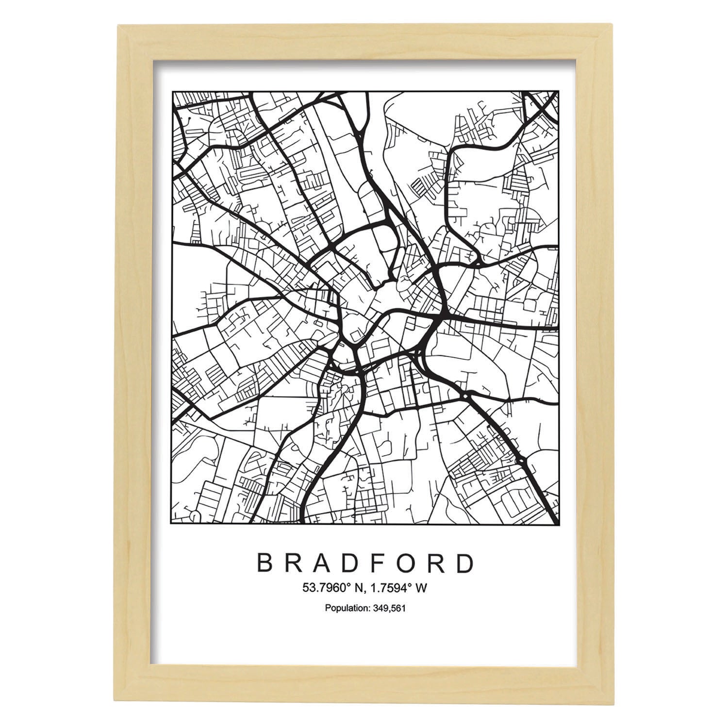 Lámina mapa de la ciudad Bradford estilo nordico en blanco y negro.-Artwork-Nacnic-A3-Marco Madera clara-Nacnic Estudio SL