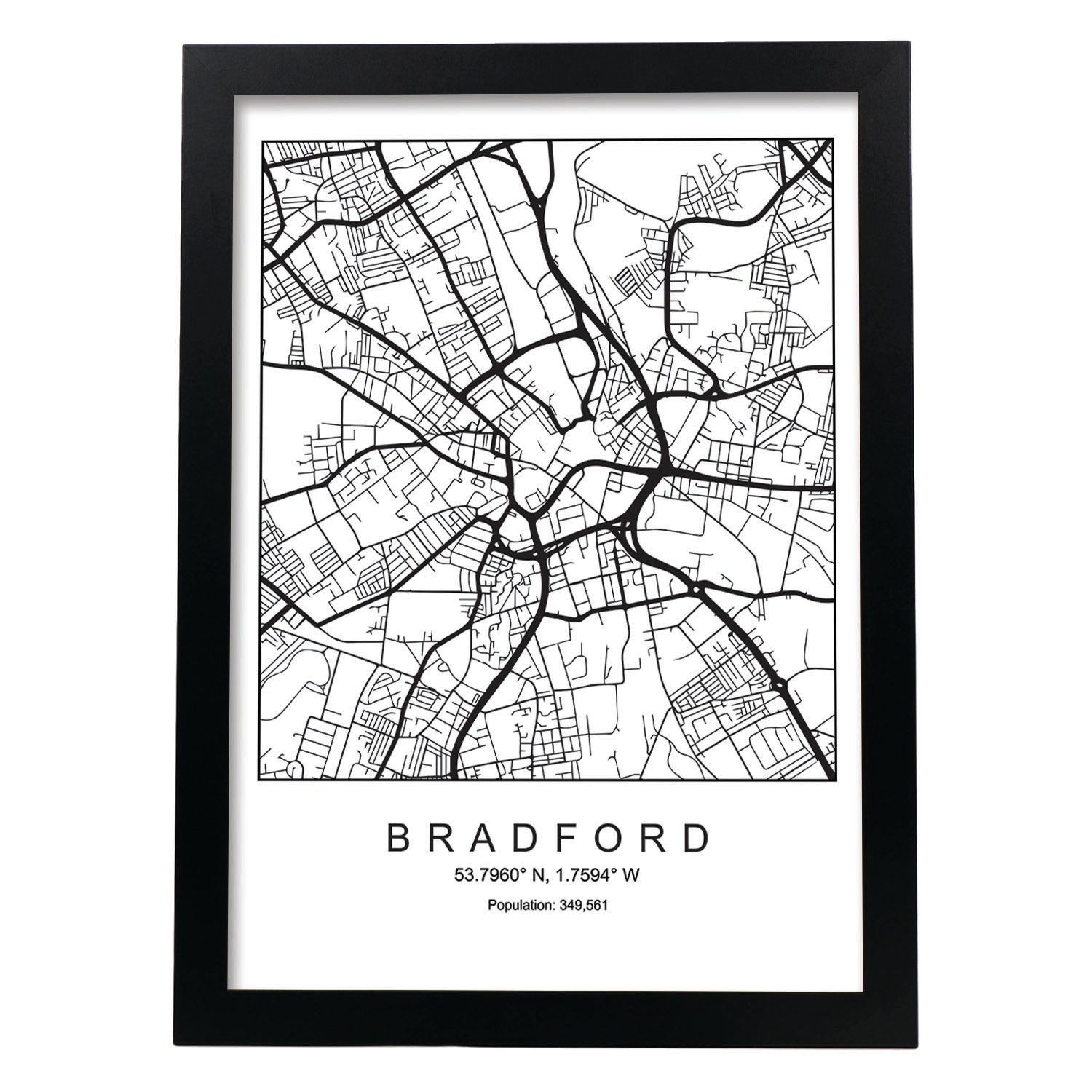 Lámina mapa de la ciudad Bradford estilo nordico en blanco y negro.-Artwork-Nacnic-A3-Marco Negro-Nacnic Estudio SL