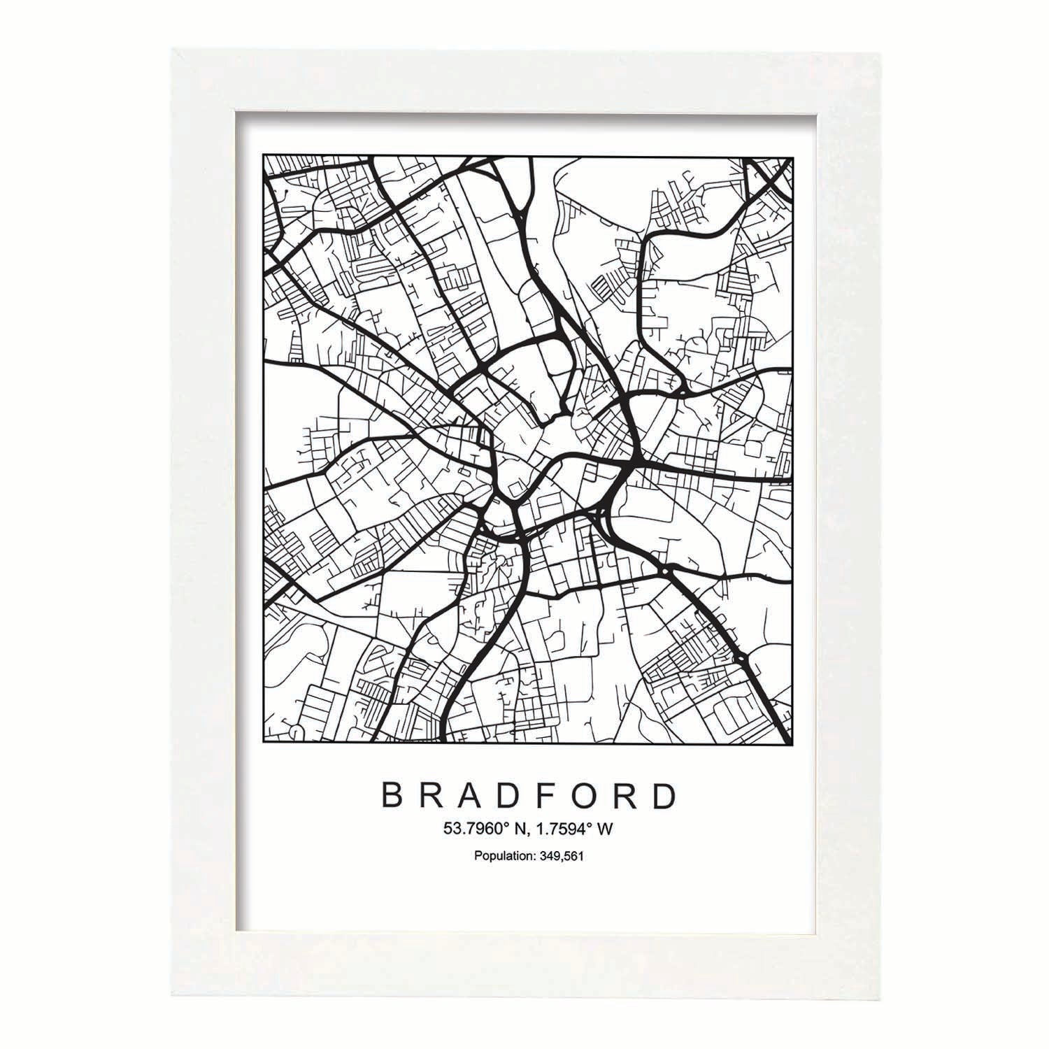 Lámina mapa de la ciudad Bradford estilo nordico en blanco y negro.-Artwork-Nacnic-A4-Marco Blanco-Nacnic Estudio SL