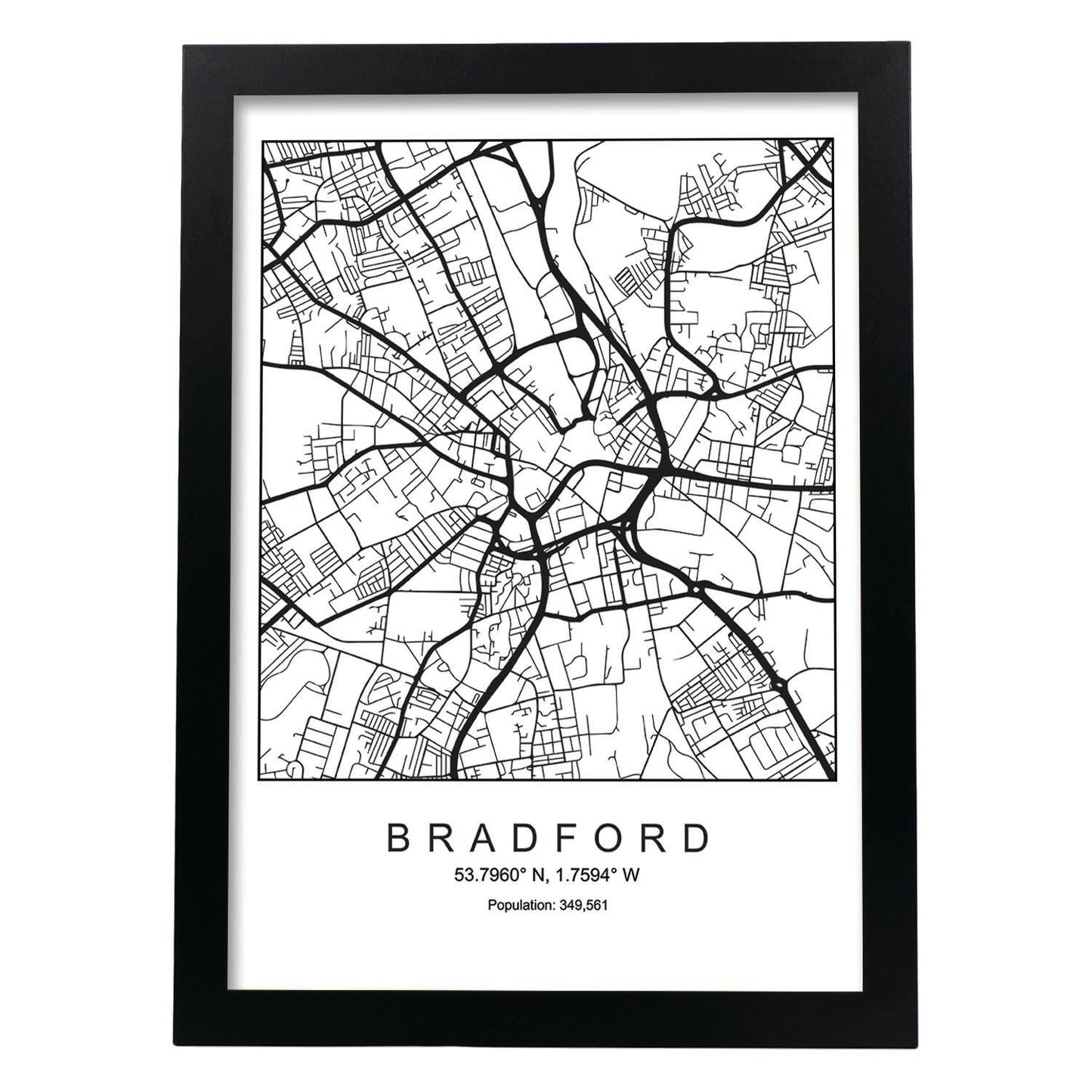 Lámina mapa de la ciudad Bradford estilo nordico en blanco y negro.-Artwork-Nacnic-A4-Marco Negro-Nacnic Estudio SL