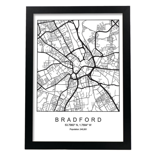 Lámina mapa de la ciudad Bradford estilo nordico en blanco y negro.-Artwork-Nacnic-A4-Marco Negro-Nacnic Estudio SL